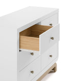 Santorini white with driftwood 6 drawer double dresser angled-side view with top left drawer open