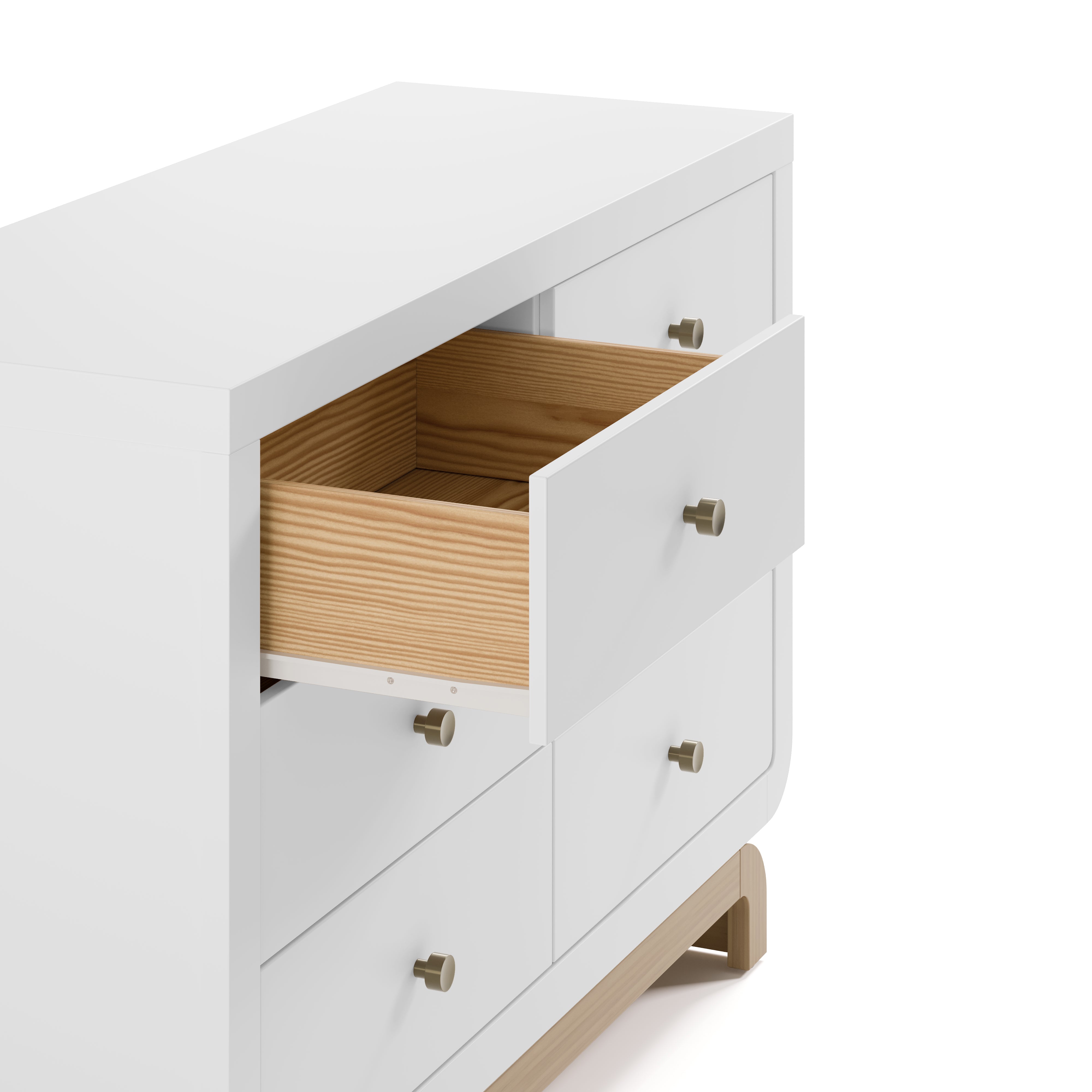 Santorini white with driftwood 6 drawer double dresser angled-side view with top left drawer open