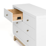 Santorini white with driftwood 6 drawer double dresser angled-side view with top left drawer open showing interlocking drawer mechanism