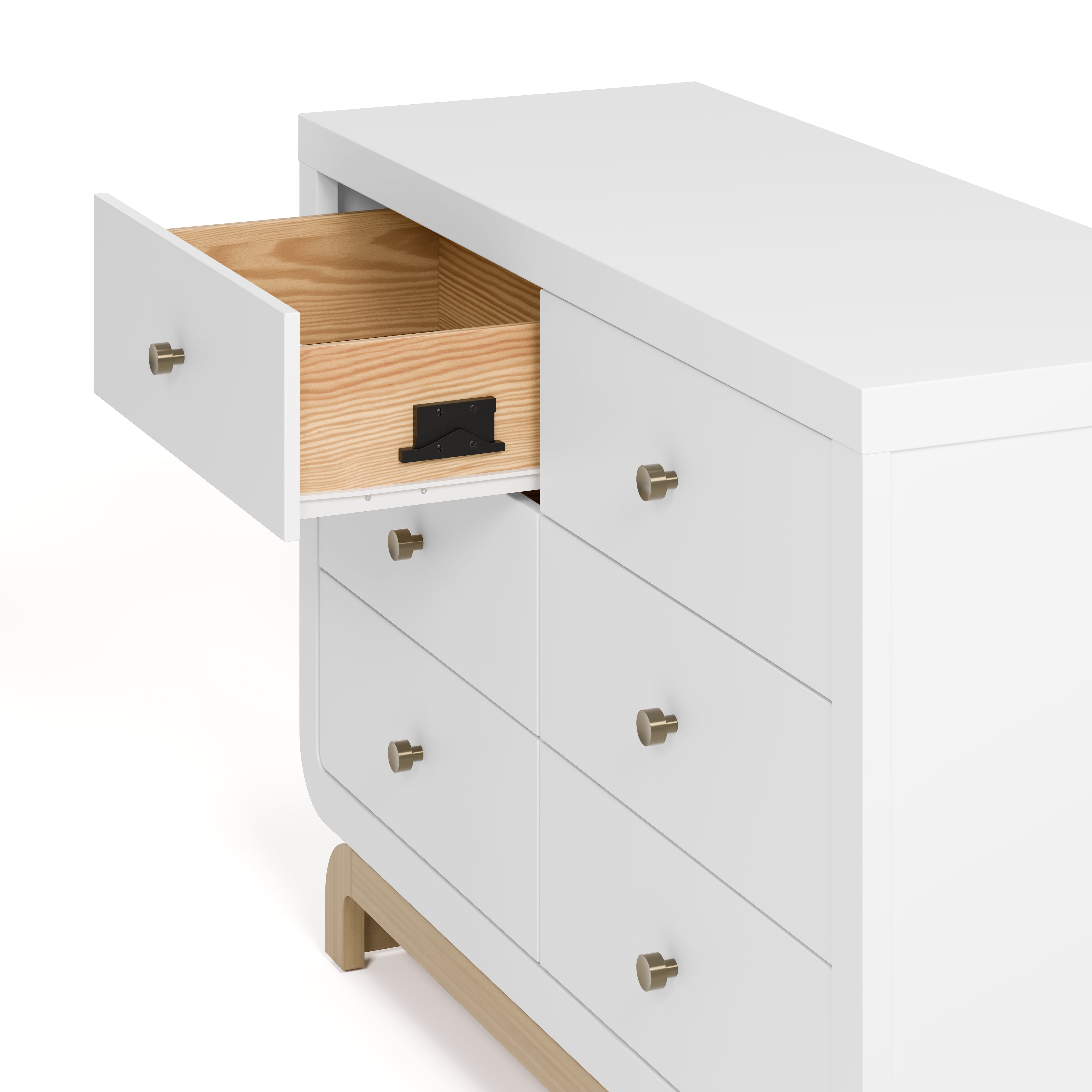 Santorini white with driftwood 6 drawer double dresser angled-side view with top left drawer open showing interlocking drawer mechanism