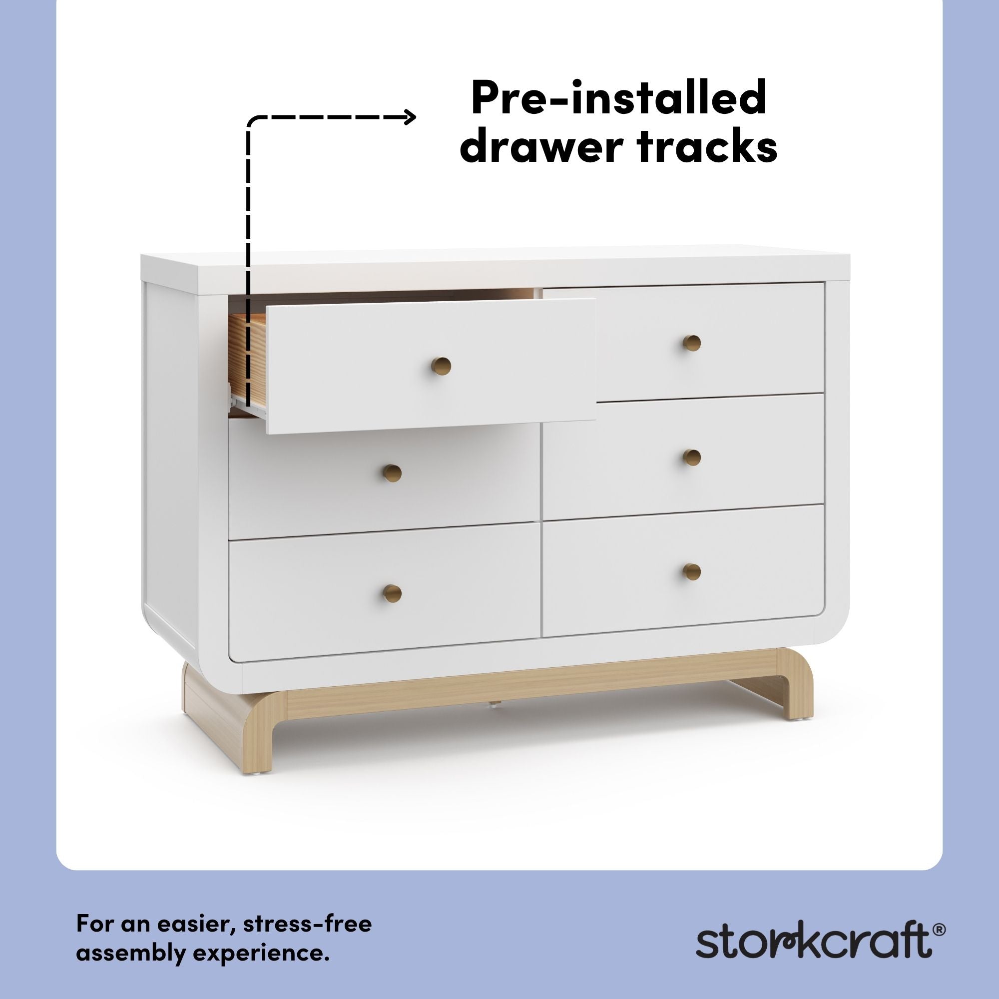 Santorini white with driftwood 6 drawer double dresser pre-installed drawer tracks callout