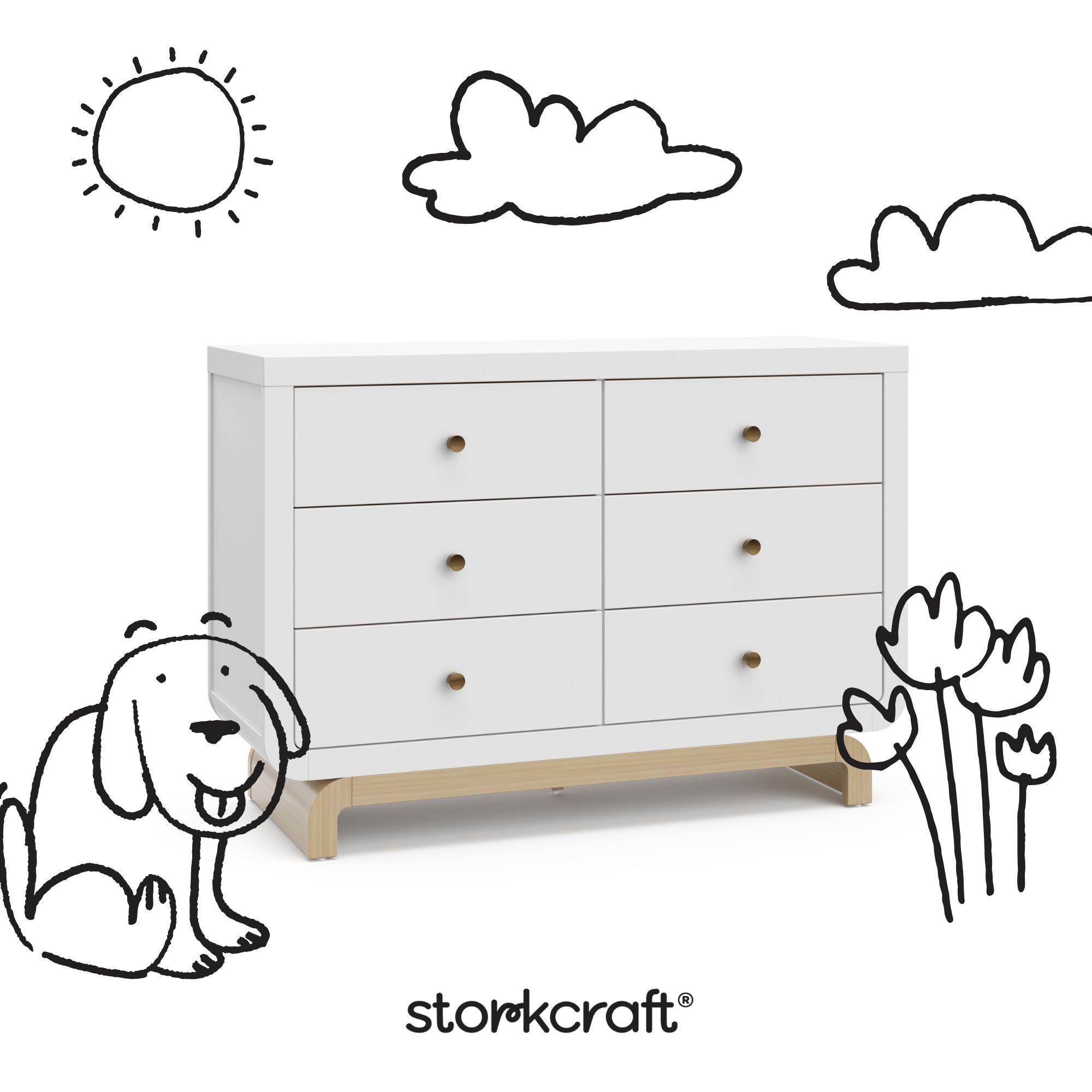 Santorini white with driftwood 6 drawer double dresser with black doodles overlaid on image