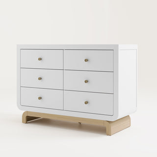 Top view of white 6 drawer dresser with driftwood base with 1 open drawer