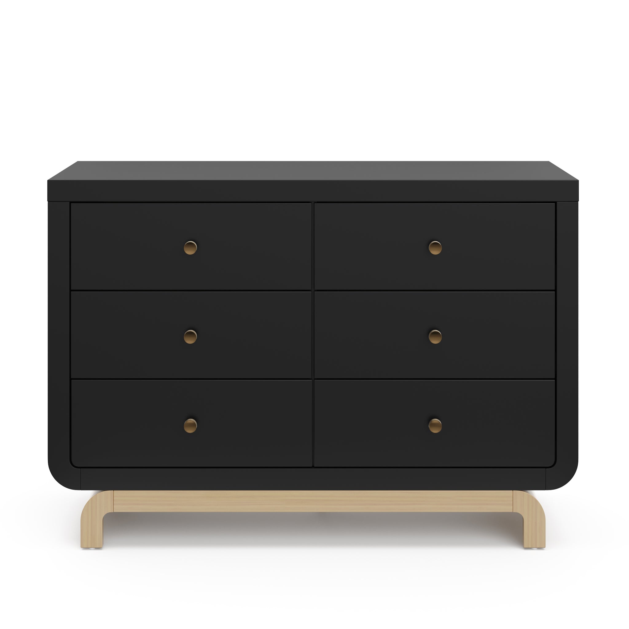 Front view of black 6 drawer dresser with driftwood base
