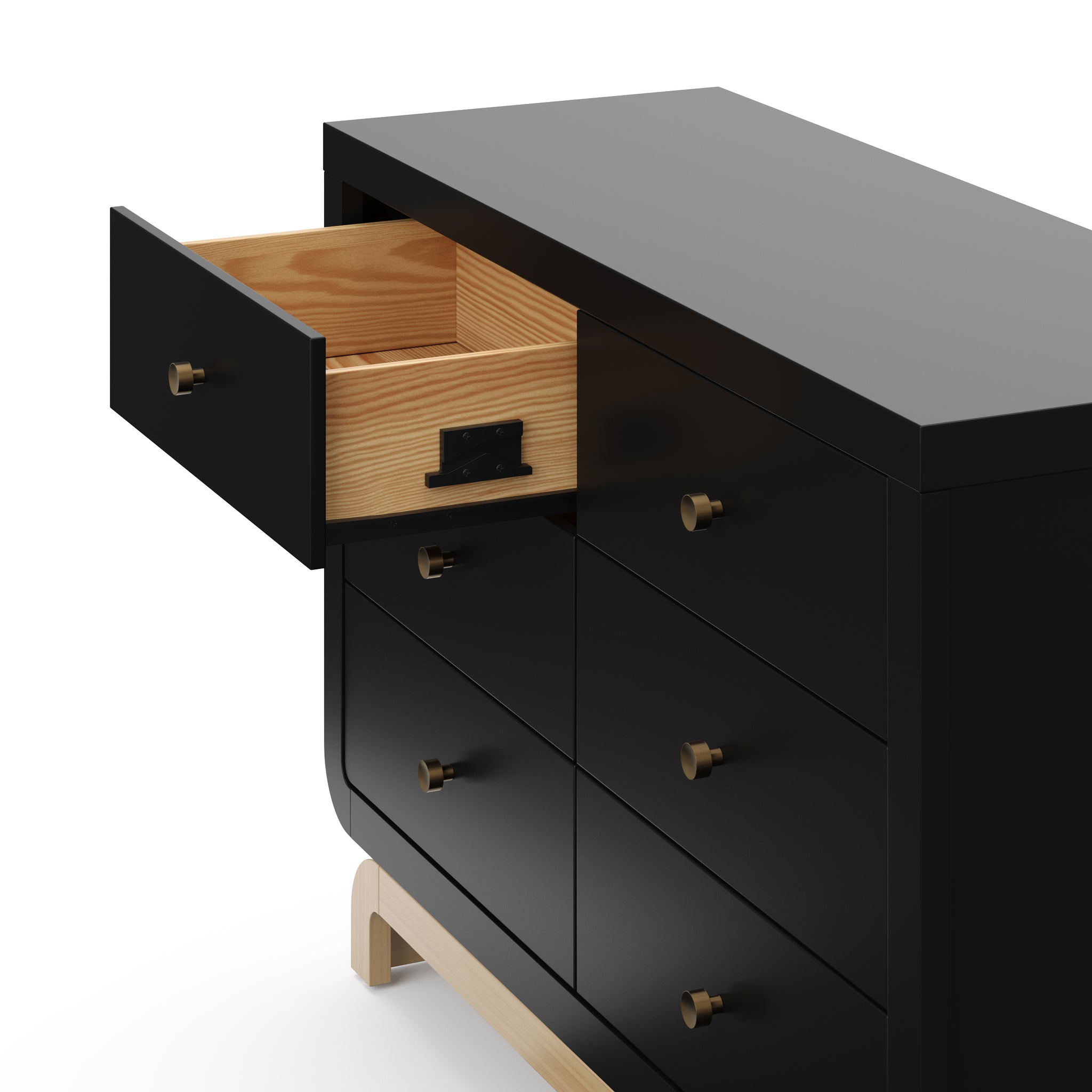 Top view of black 6 drawer dresser with driftwood base with 1 open drawer showing interlocking drawing system