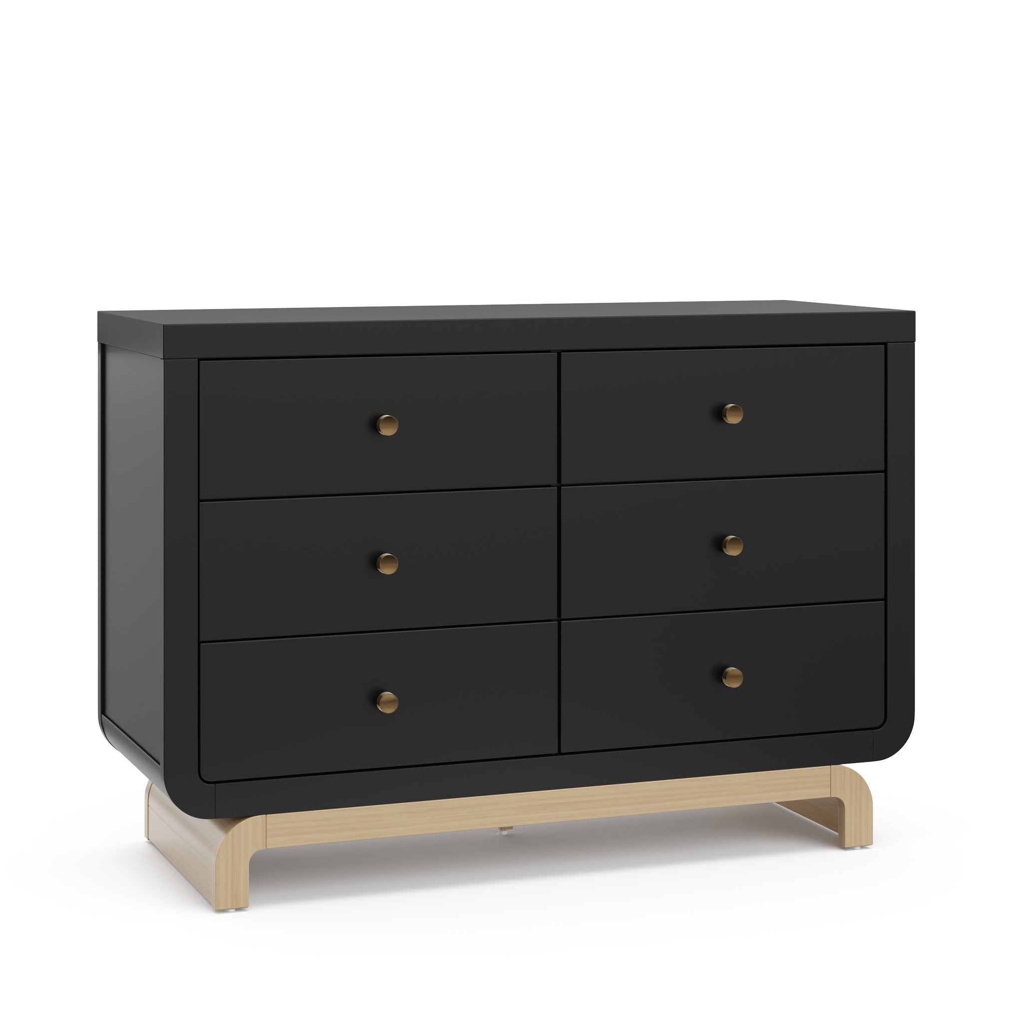 Angled view of black 6 drawer dresser with driftwood base