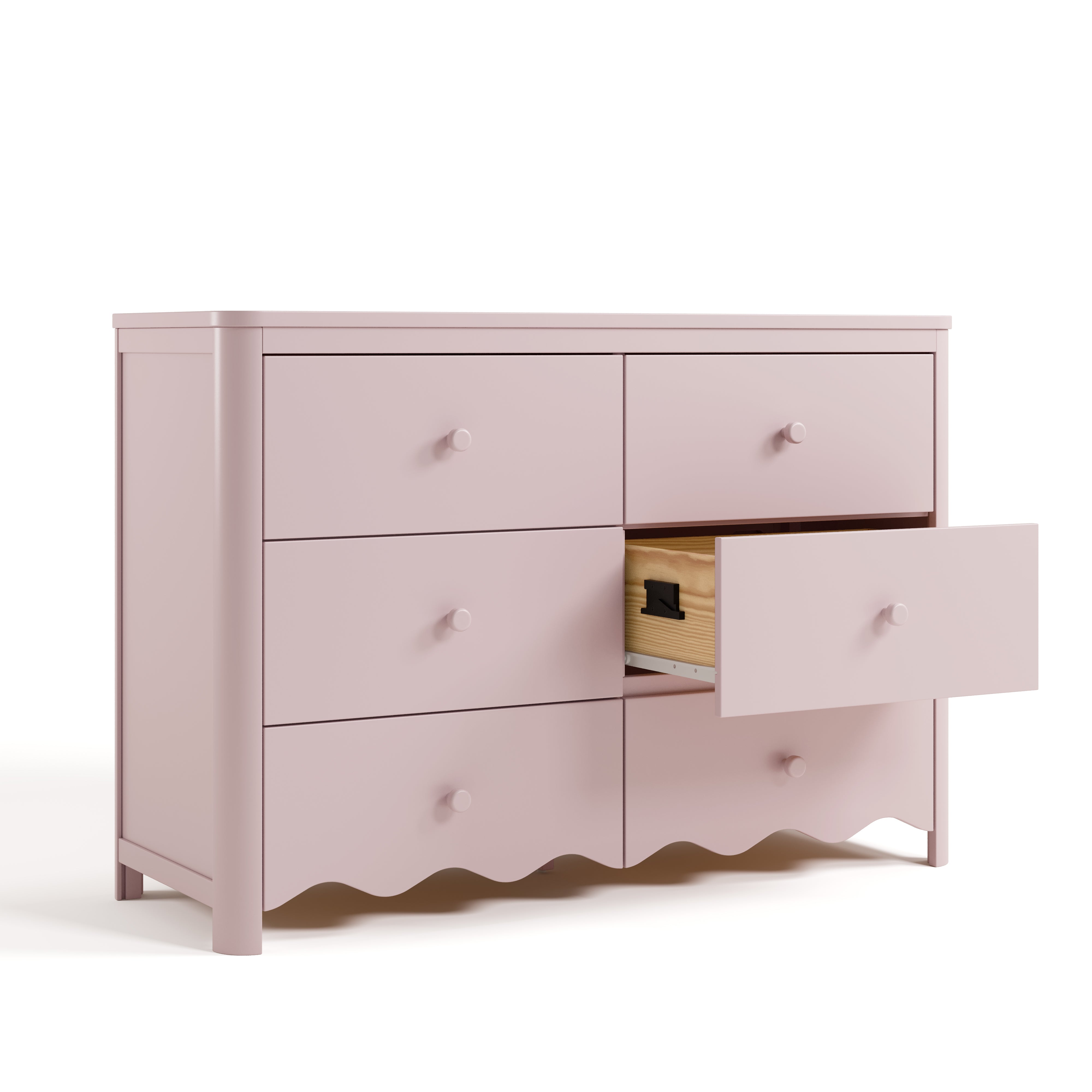 Storkcraft Casablanca blush 6 drawer dresser angle view with middle right drawer open showing interlocking drawer mechanism