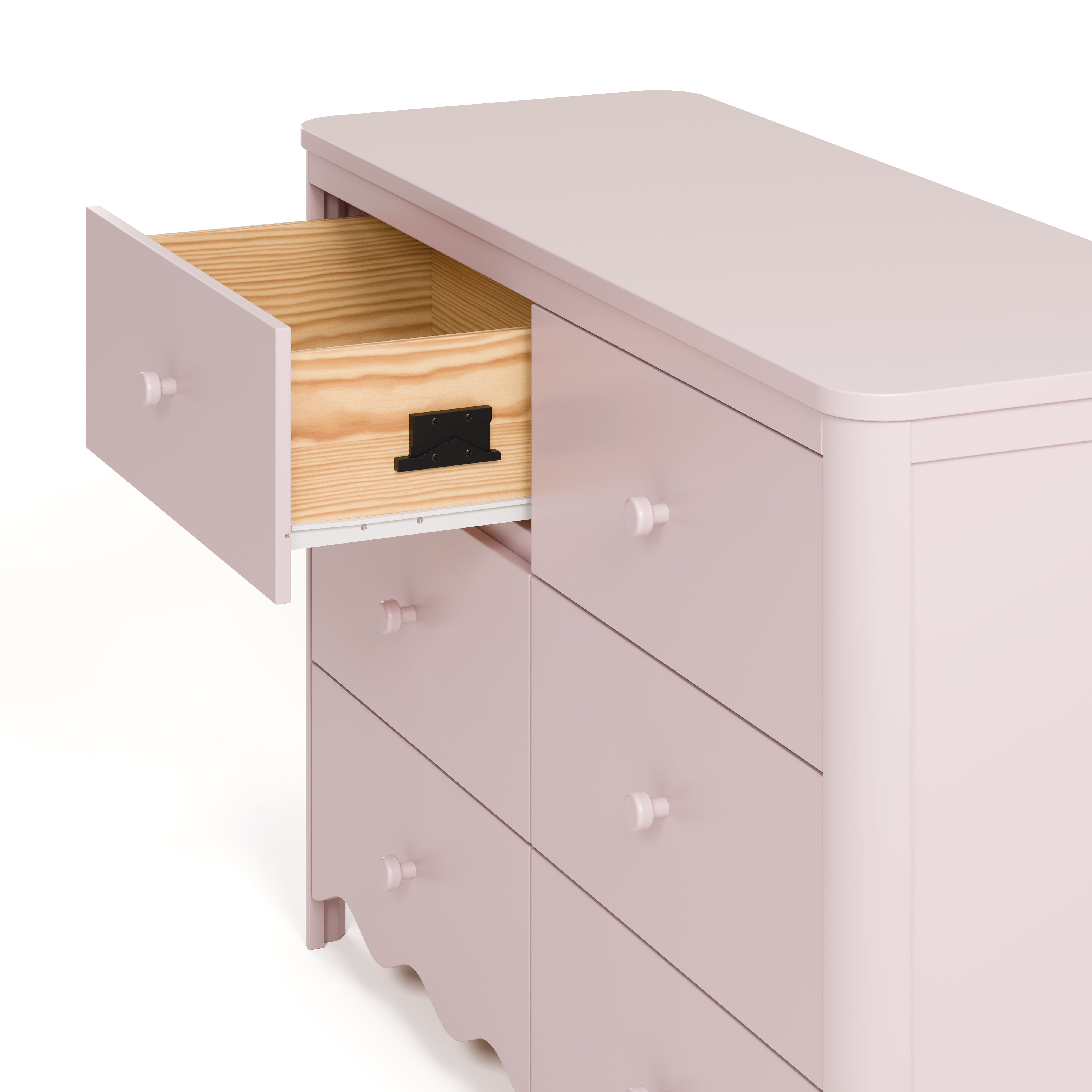 Storkcraft Casablanca blush 6 drawer dresser angle side view with top left drawer open showing interlocking drawer mechanism