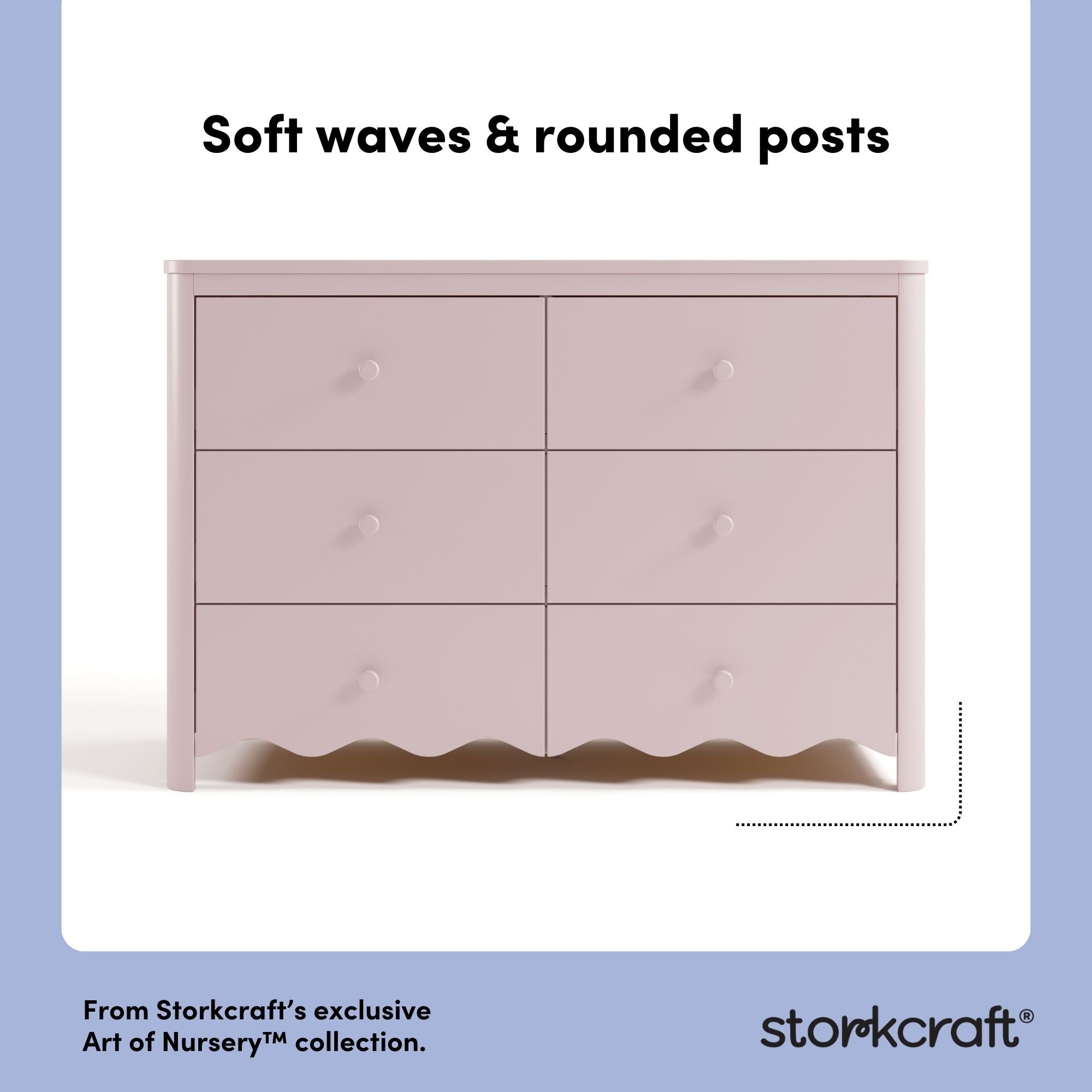 Storkcraft Casablanca blush 6 drawer dresser soft waves and rounded posts callout
