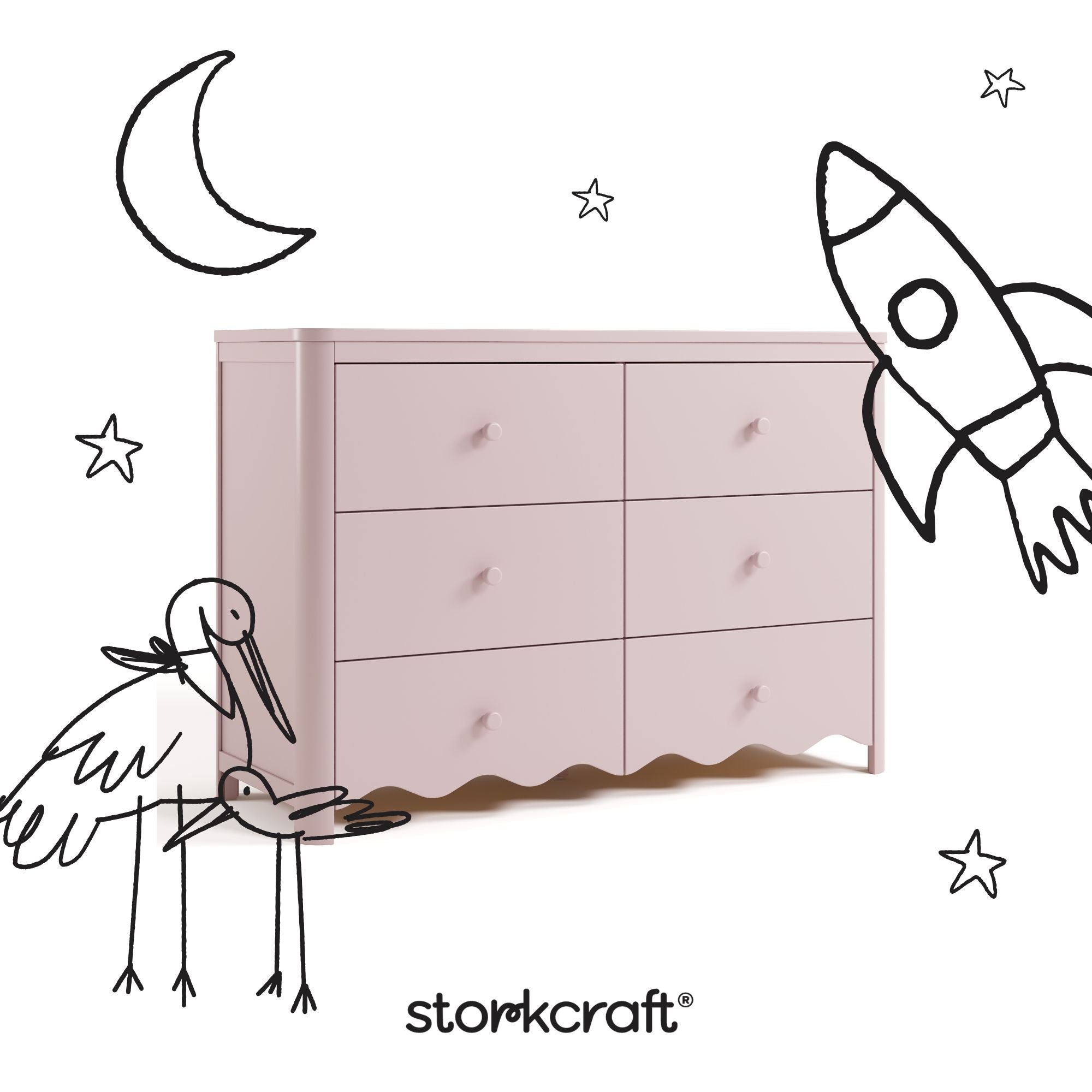 Storkcraft Casablanca blush 6 drawer dresser angle view with black cartoon drawings