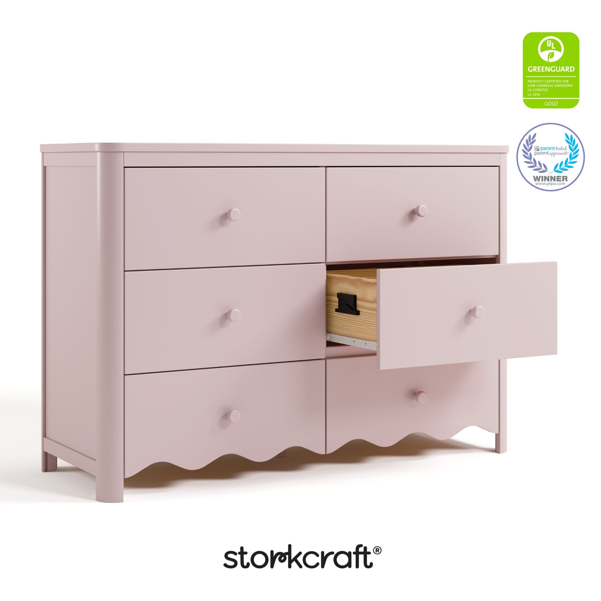 Storkcraft Casablanca blush 6 drawer dresser GGG and PTPA certifications callout