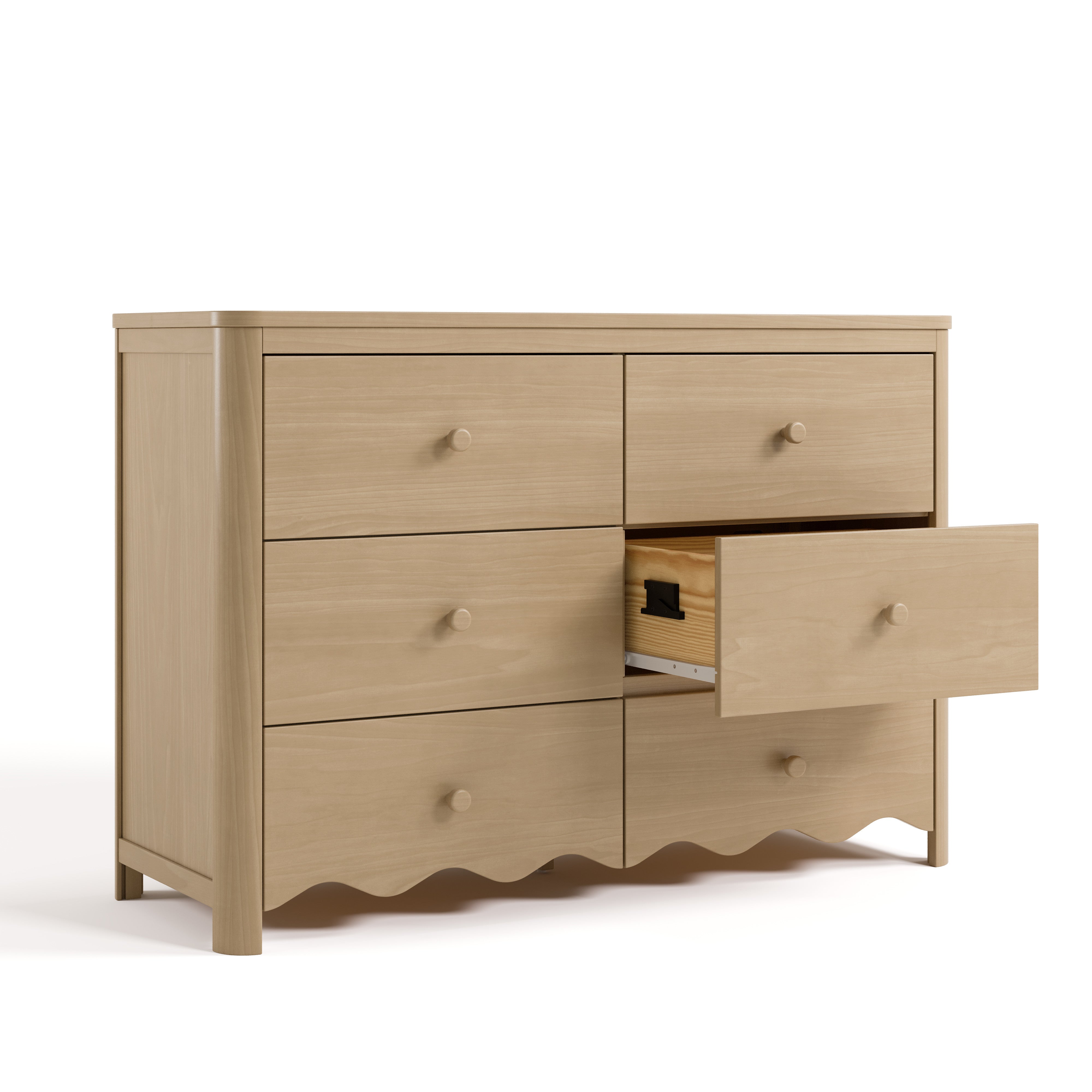 Storkcraft Casablanca driftwood 6 drawer dresser angle view with middle right drawer open showing interlocking drawer mechanism