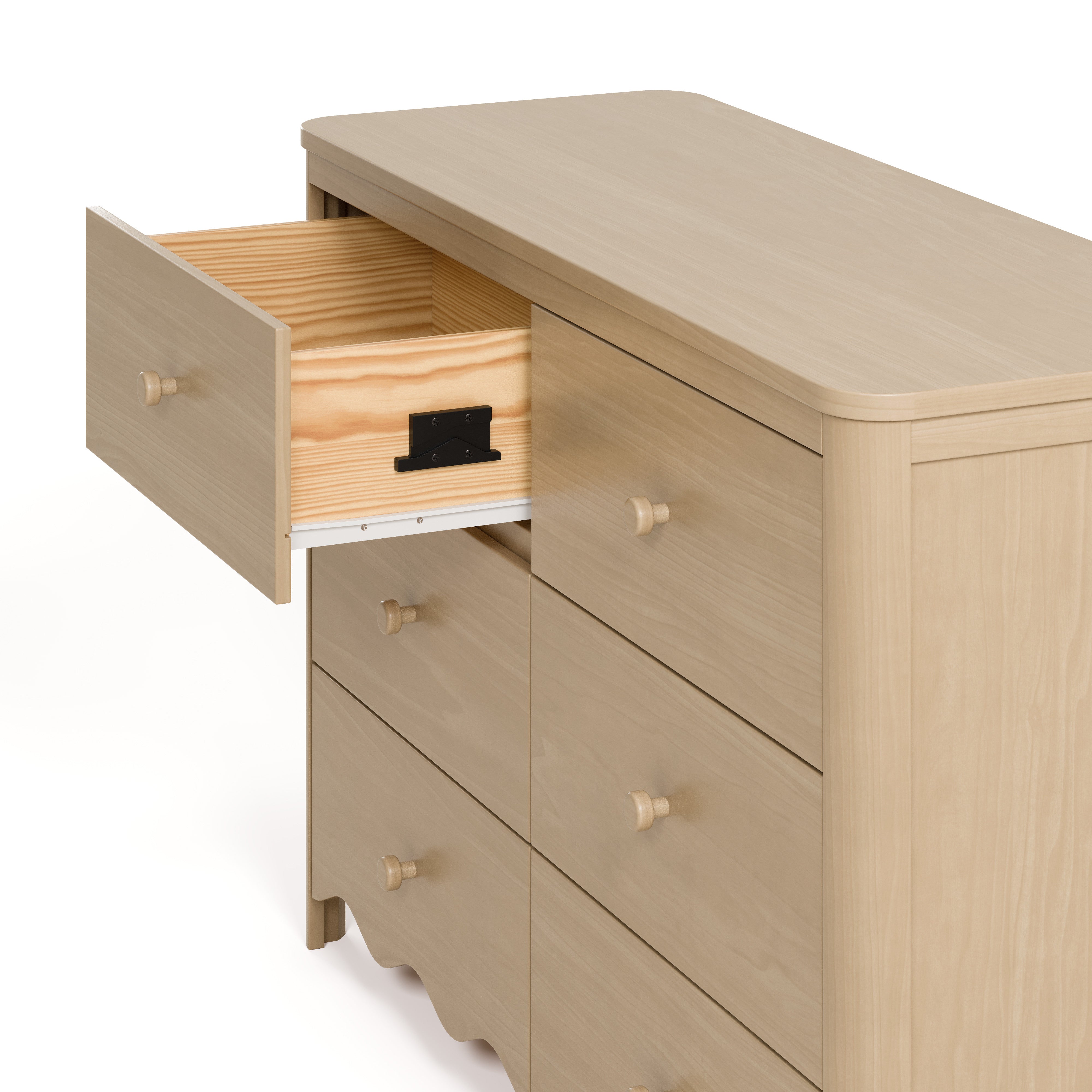 Storkcraft Casablanca driftwood 6 drawer dresser angle side view with top left drawer open showing interlocking drawer mechanism