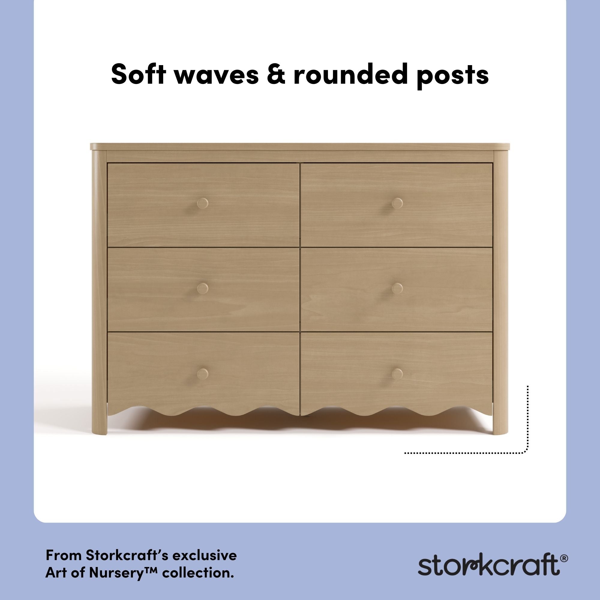 Storkcraft Casablanca driftwood 6 drawer dresser soft waves and rounded posts callout