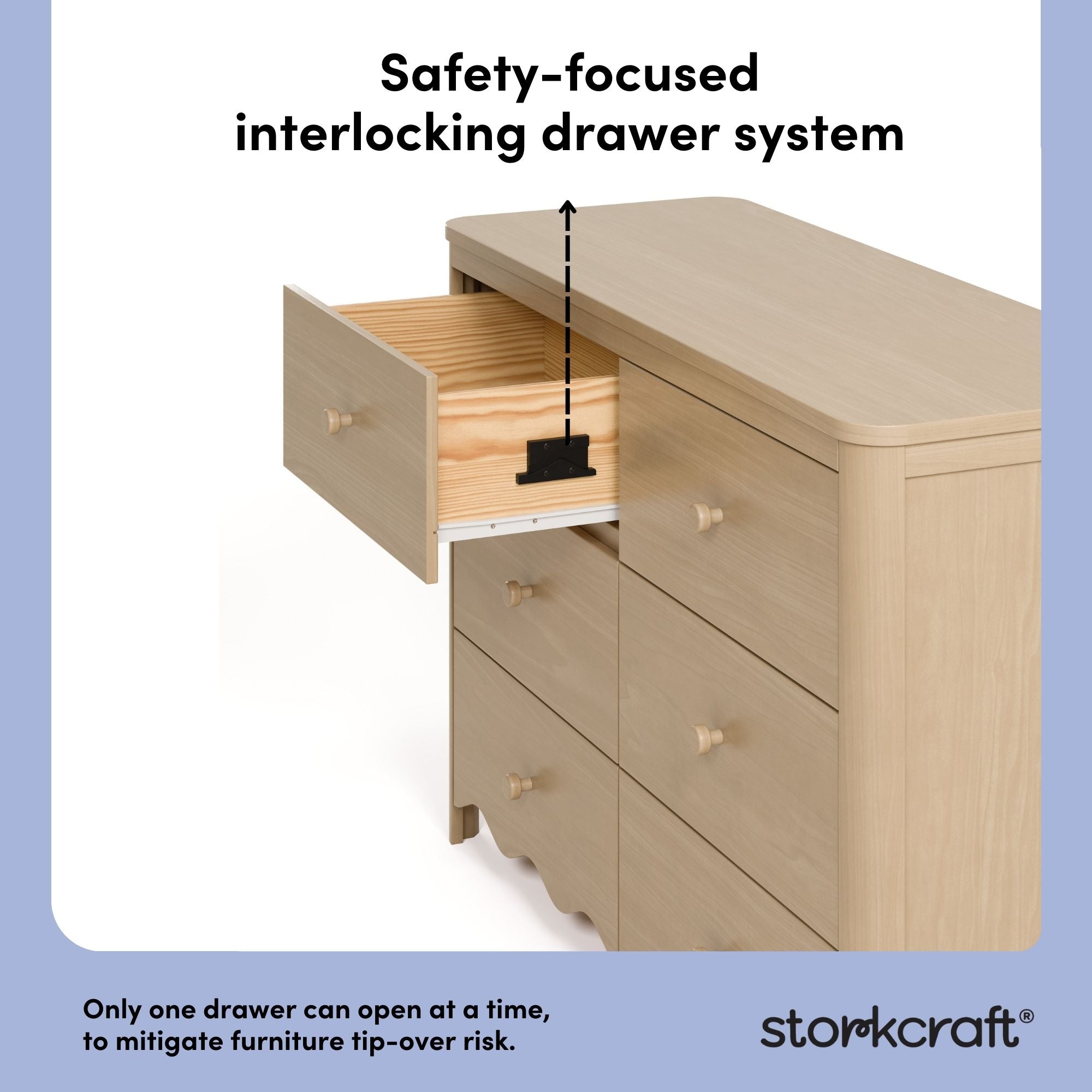 Storkcraft Casablanca driftwood 6 drawer dresser interlocking drawer callout