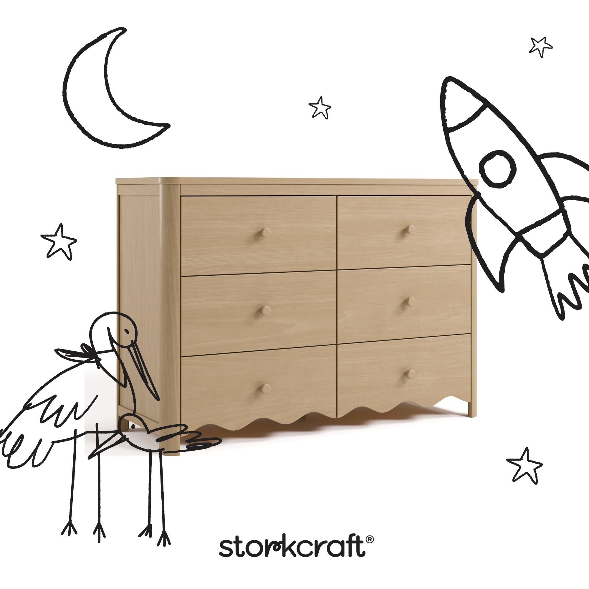 Storkcraft Casablanca driftwood 6 drawer dresser angle view with black cartoon drawings