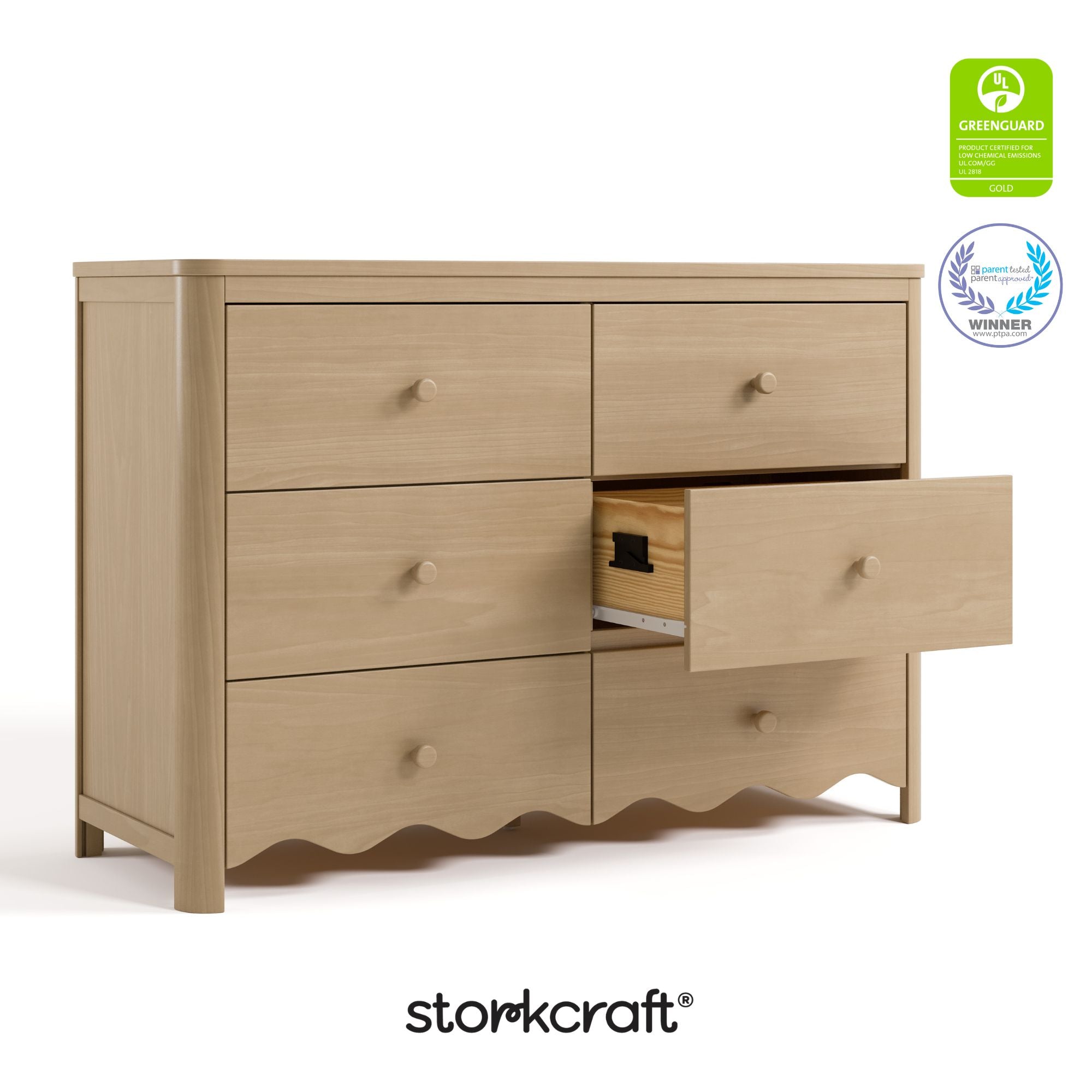 Storkcraft Casablanca driftwood 6 drawer dresser GGG and PTPA certifications callout
