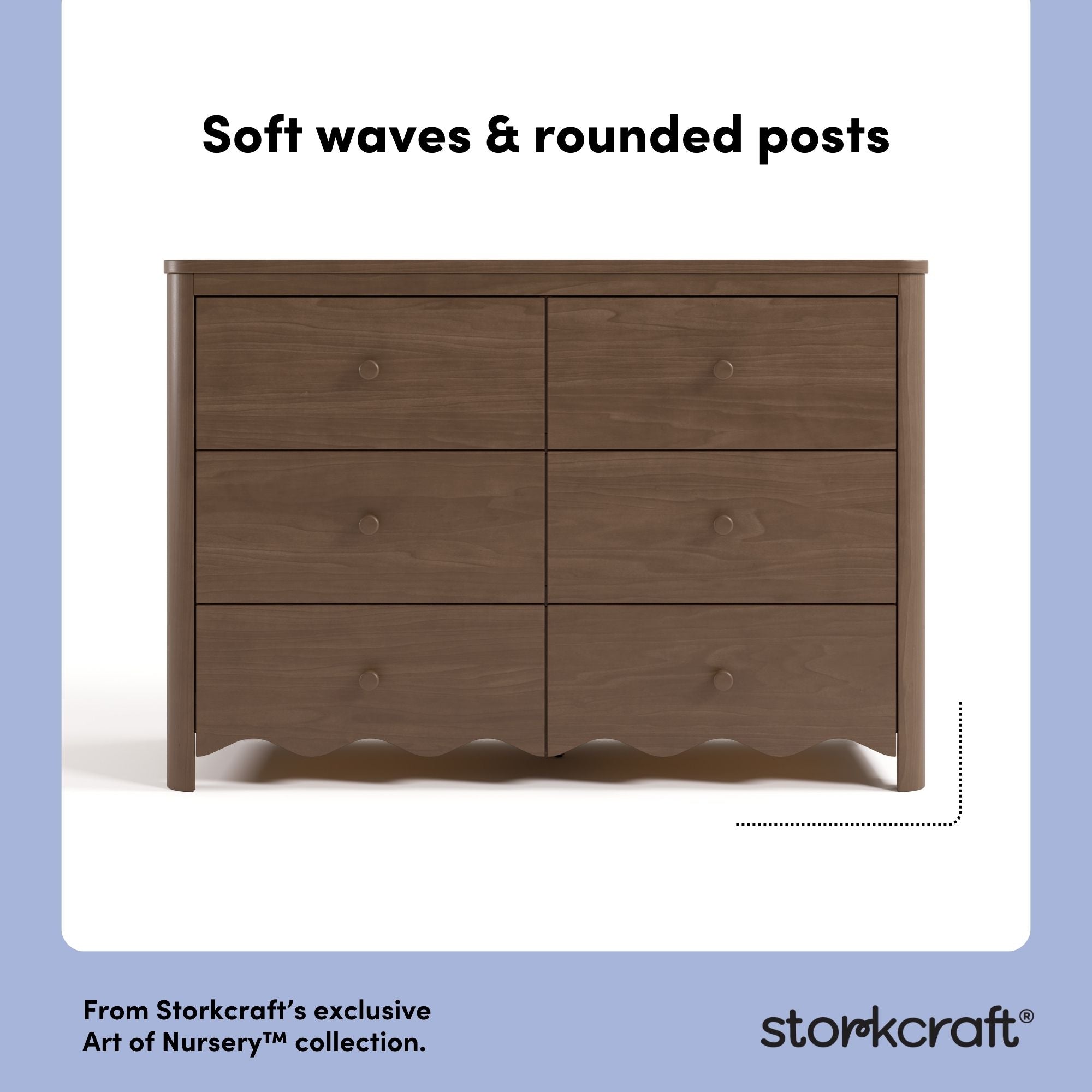 Storkcraft Casablanca hazelnut 6 drawer dresser soft waves and rounded posts callout
