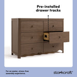 Storkcraft Casablanca hazelnut 6 drawer dresser pre-installed drawer tracks callout