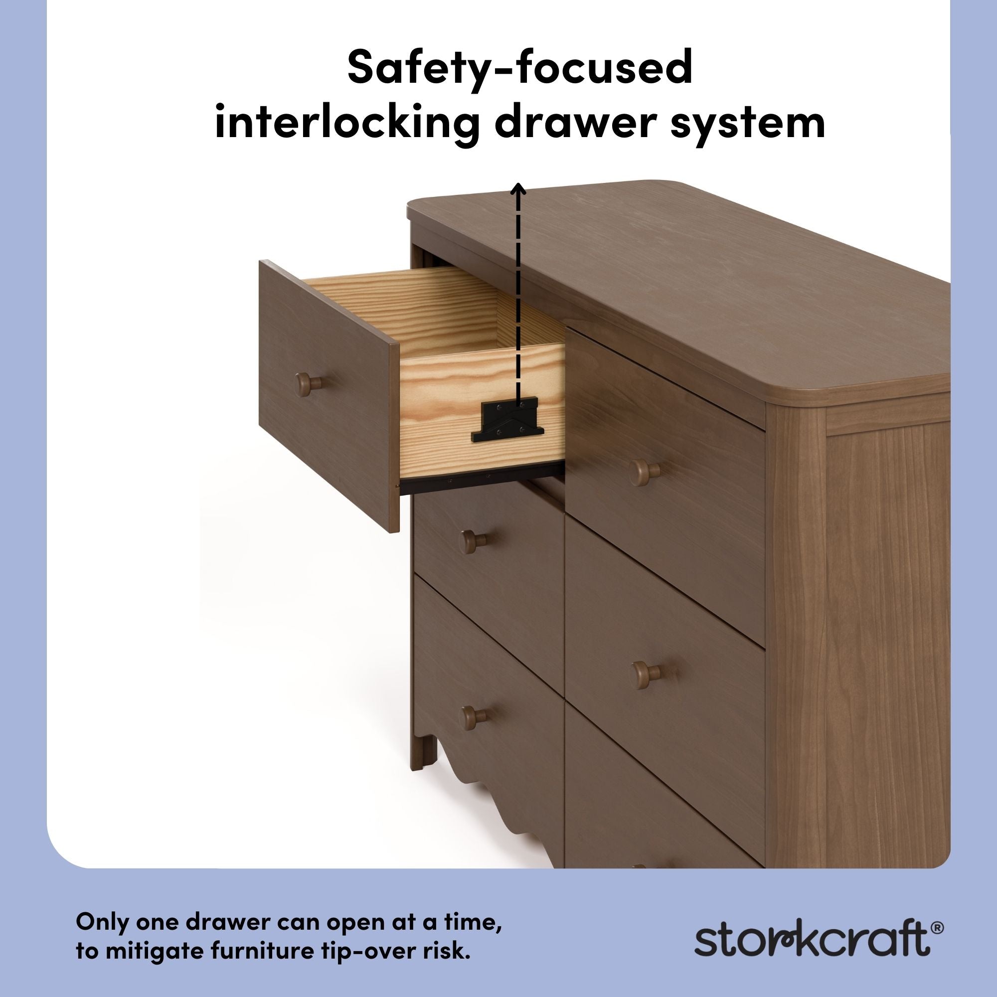 Storkcraft Casablanca hazelnut 6 drawer dresser interlocking drawer callout