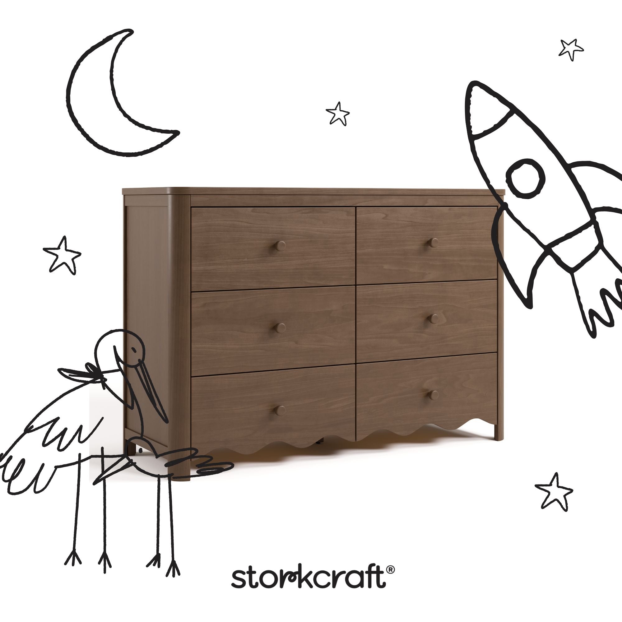 Storkcraft Casablanca hazelnut 6 drawer dresser angle view with black cartoon drawings