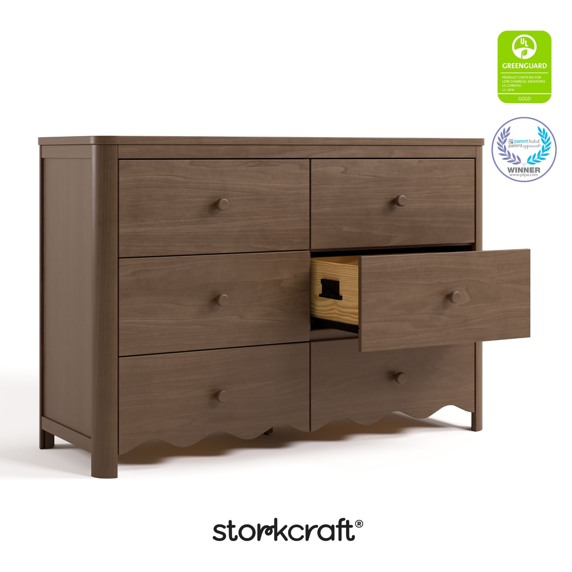 Storkcraft Casablanca hazelnut 6 drawer dresser GGG and PTPA certifications callout