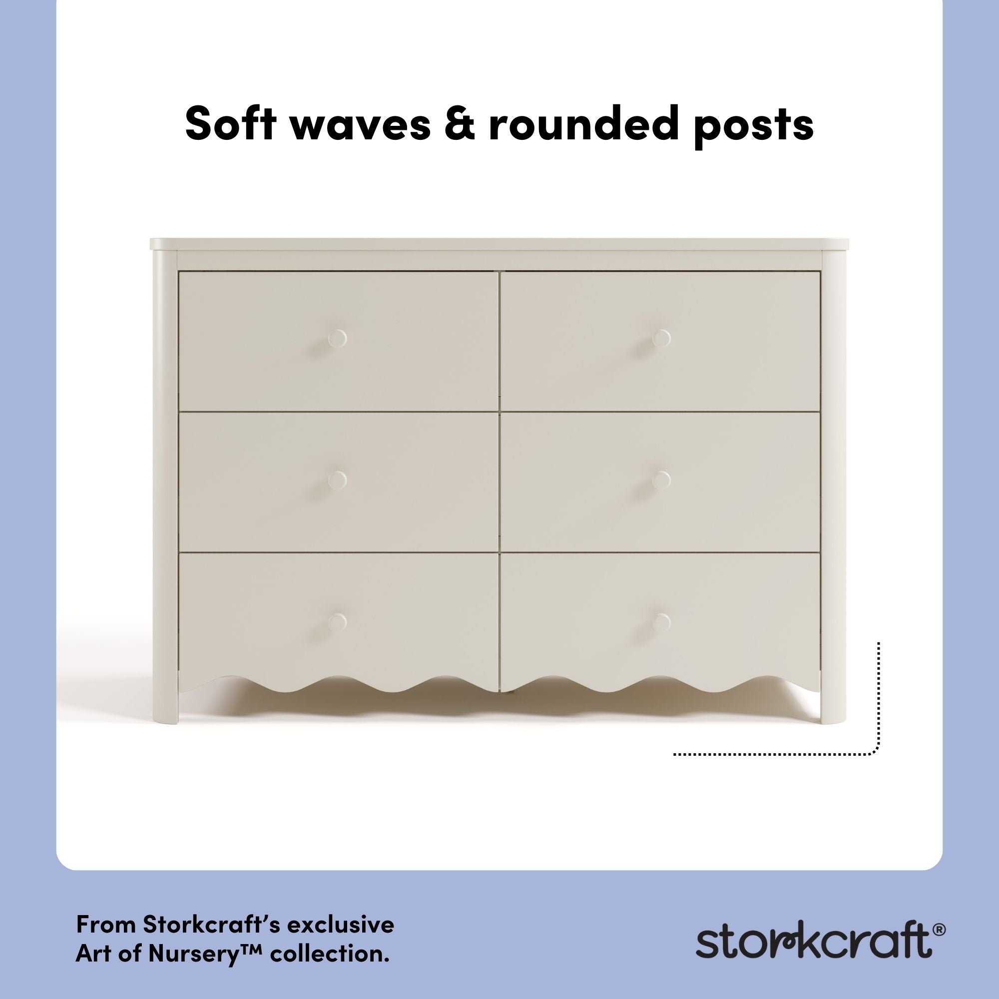 Storkcraft Casablanca frosted oat 6 drawer dresser soft waves and rounded posts callout
