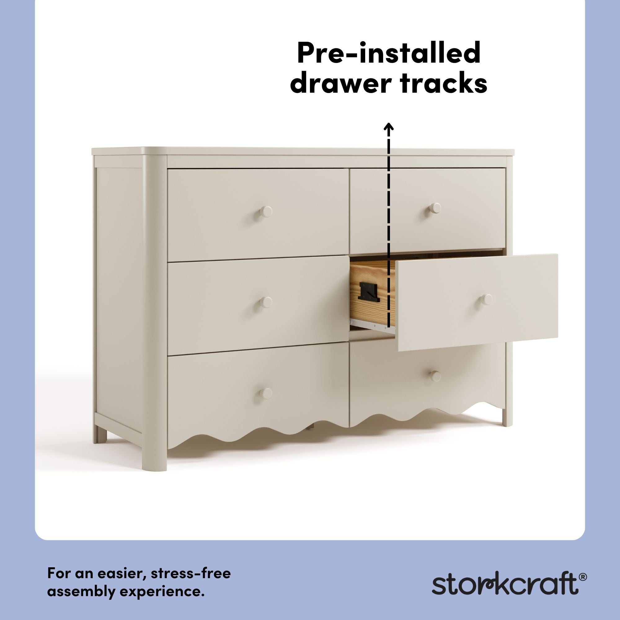 Storkcraft Casablanca frosted oat 6 drawer dresser pre-installed drawer tracks callout