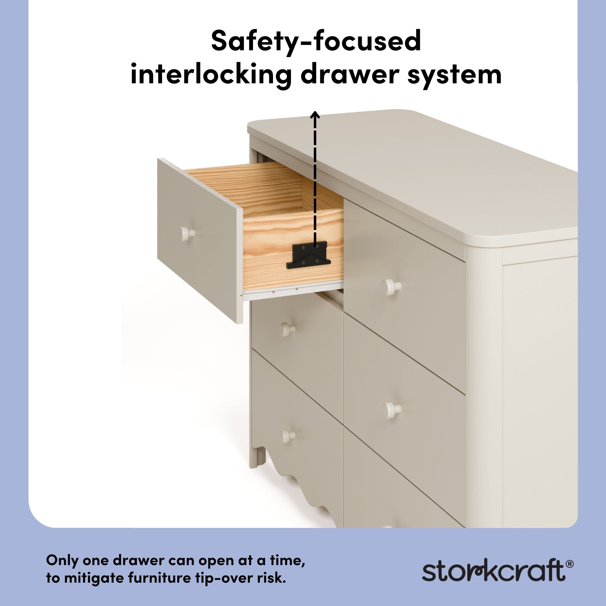 Storkcraft Casablanca frosted oat 6 drawer dresser interlocking drawer callout