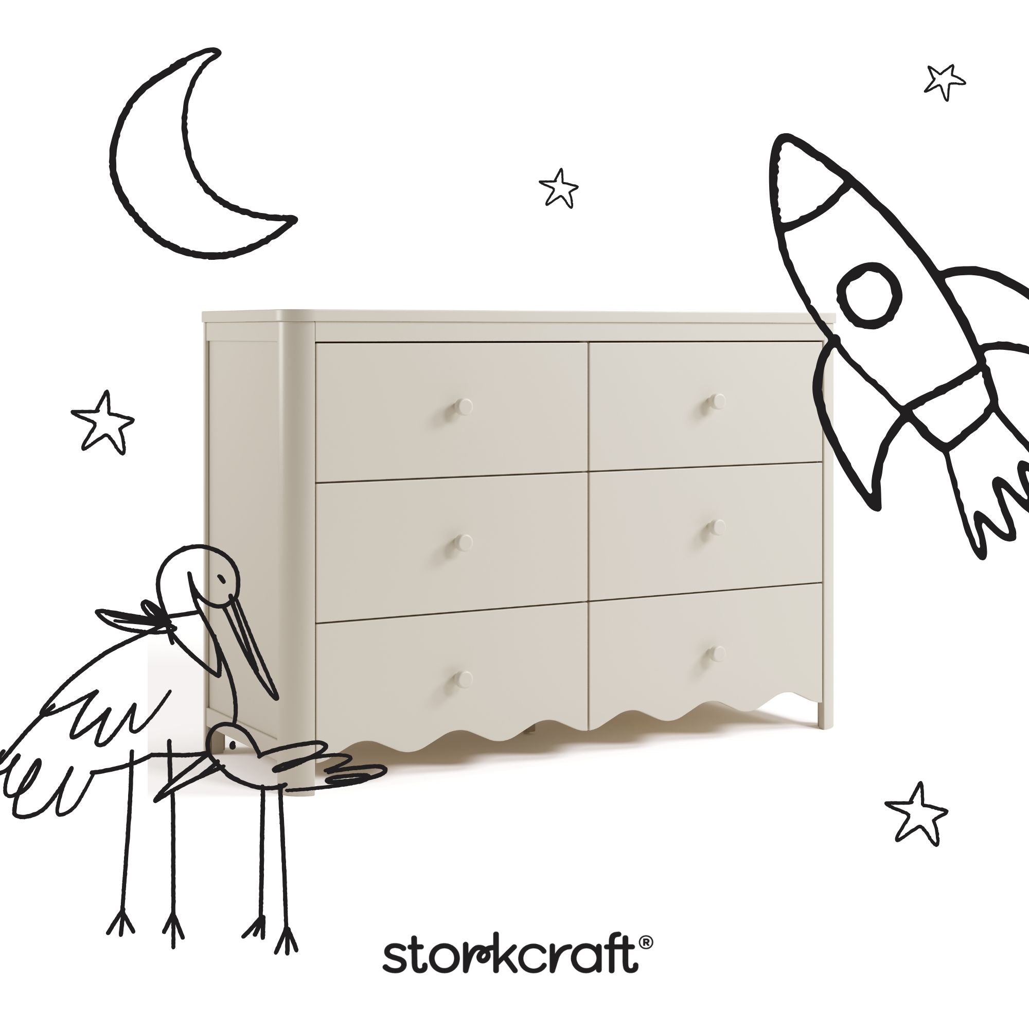 Storkcraft Casablanca frosted oat 6 drawer dresser angle view with black cartoon drawings