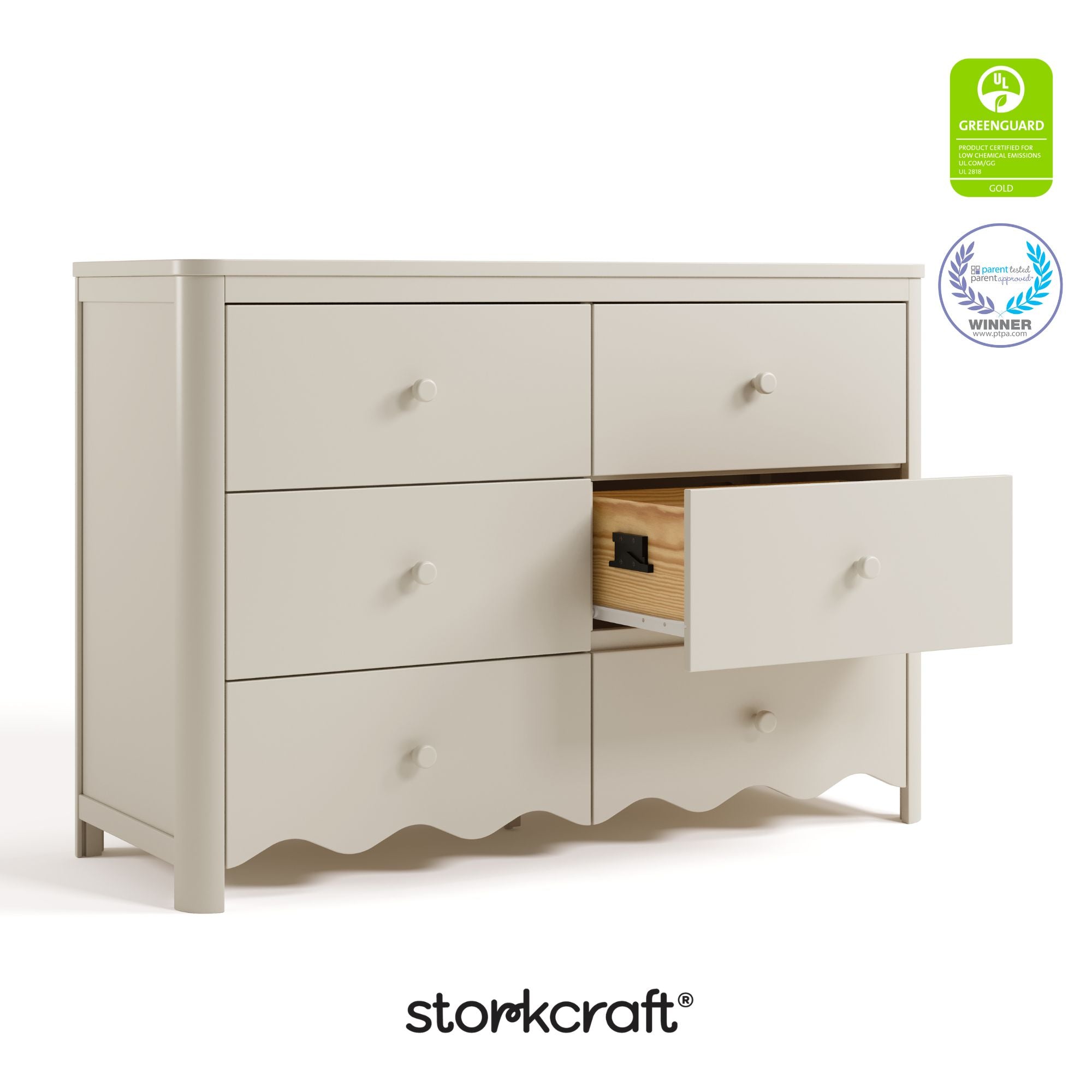 Storkcraft Casablanca frosted oat 6 drawer dresser GGG and PTPA certifications callout