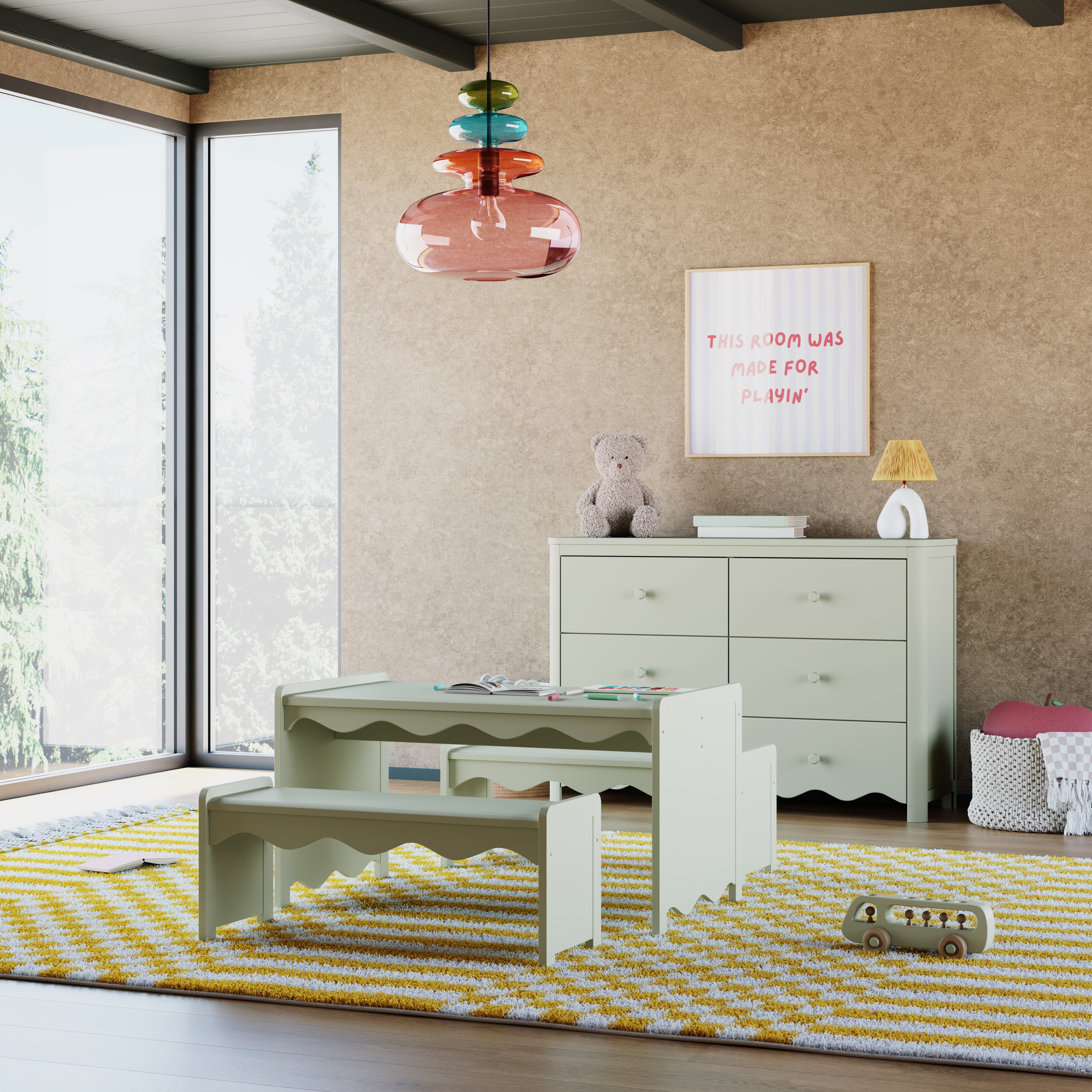 Casablanca sage bench and table set in kids room next to dresser