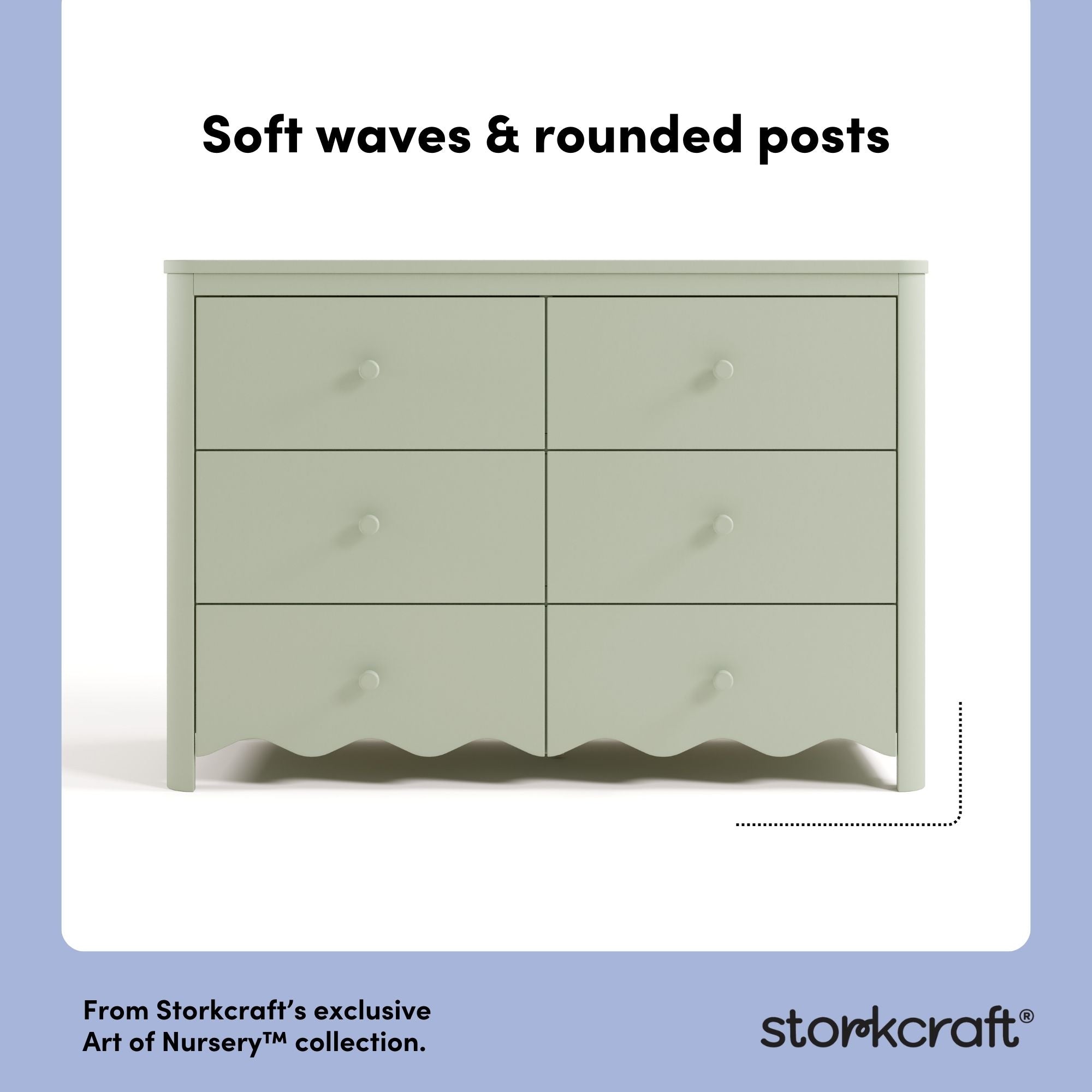 Storkcraft Casablanca sage 6 drawer dresser soft waves and rounded posts callout