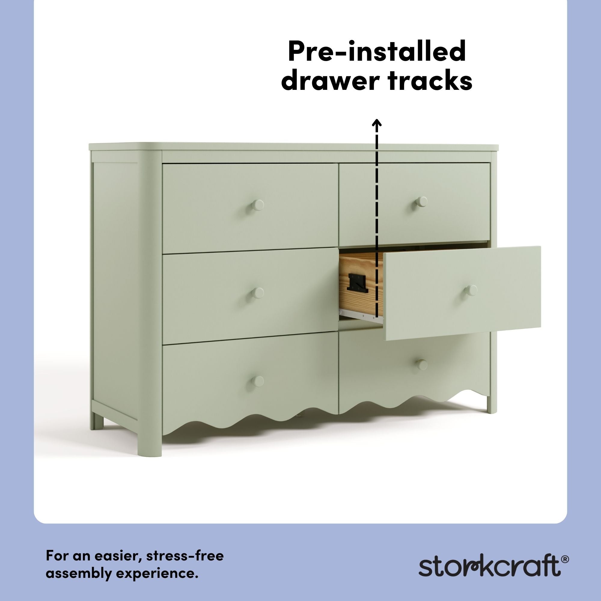 Storkcraft Casablanca sage 6 drawer dresser pre-installed drawer tracks callout