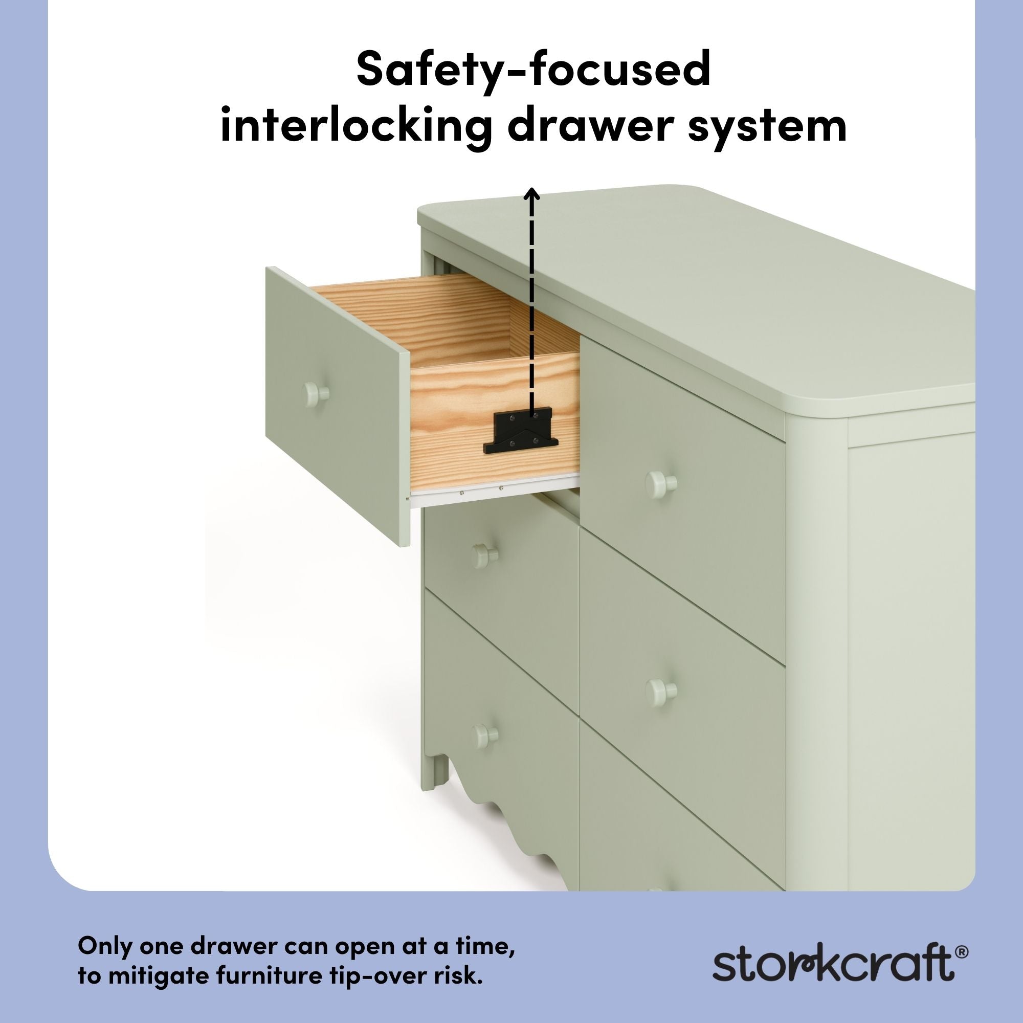 Storkcraft Casablanca sage 6 drawer dresser interlocking drawer callout