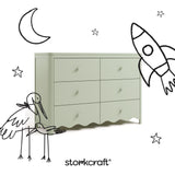 Storkcraft Casablanca sage 6 drawer dresser angle view with black cartoon drawings