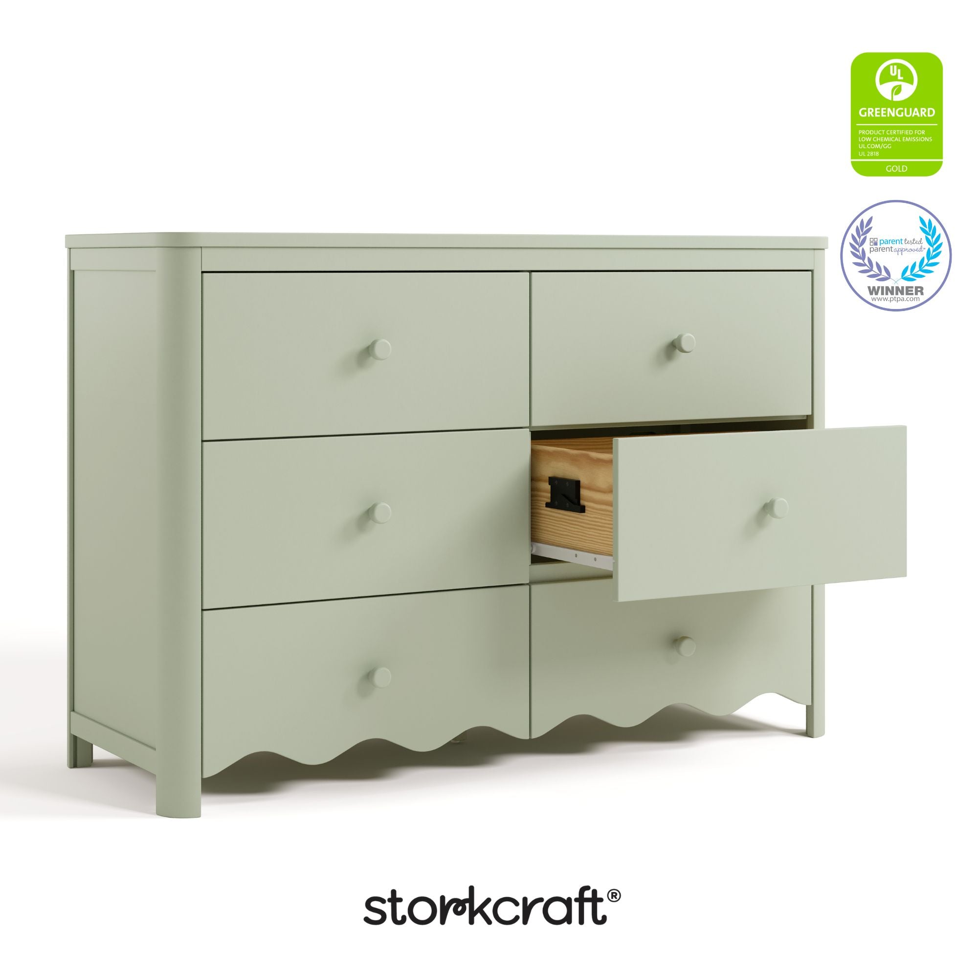 Storkcraft Casablanca sage 6 drawer dresser GGG and PTPA certifications callout