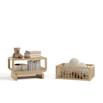 Santorini driftwood bassinet converted to bookcase and toybox with baby items inside