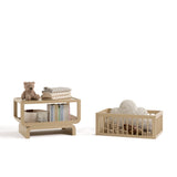 Santorini driftwood bassinet converted to bookcase and toybox with baby items inside