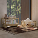 Santorini driftwood bassinet converted to bookcase and toybox in nursery