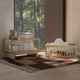 Santorini driftwood bassinet converted to bookcase and toybox in nursery