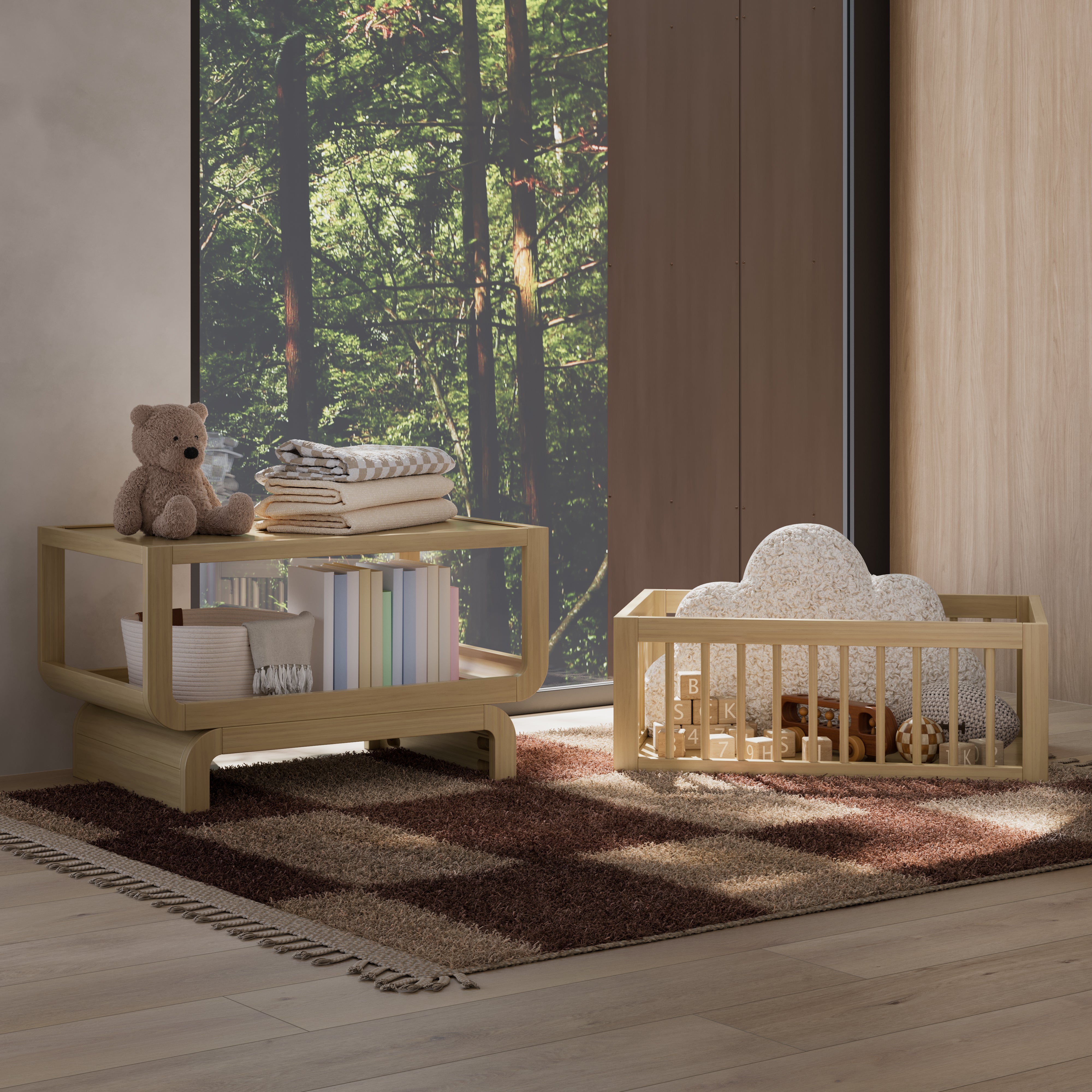 Santorini driftwood bassinet converted to bookcase and toybox in nursery