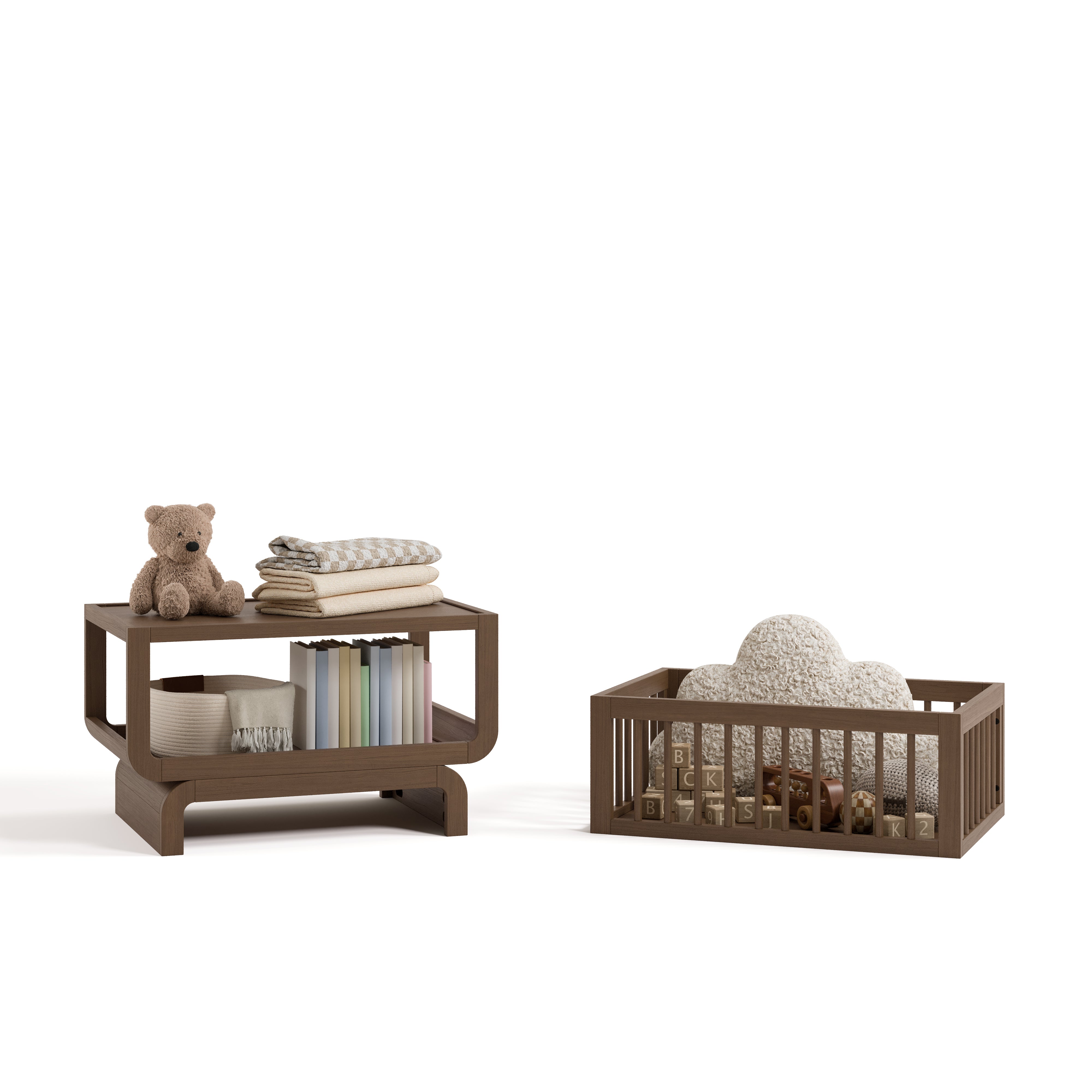 Santorini hazelnut bassinet converted to bookcase and toybox with baby items inside