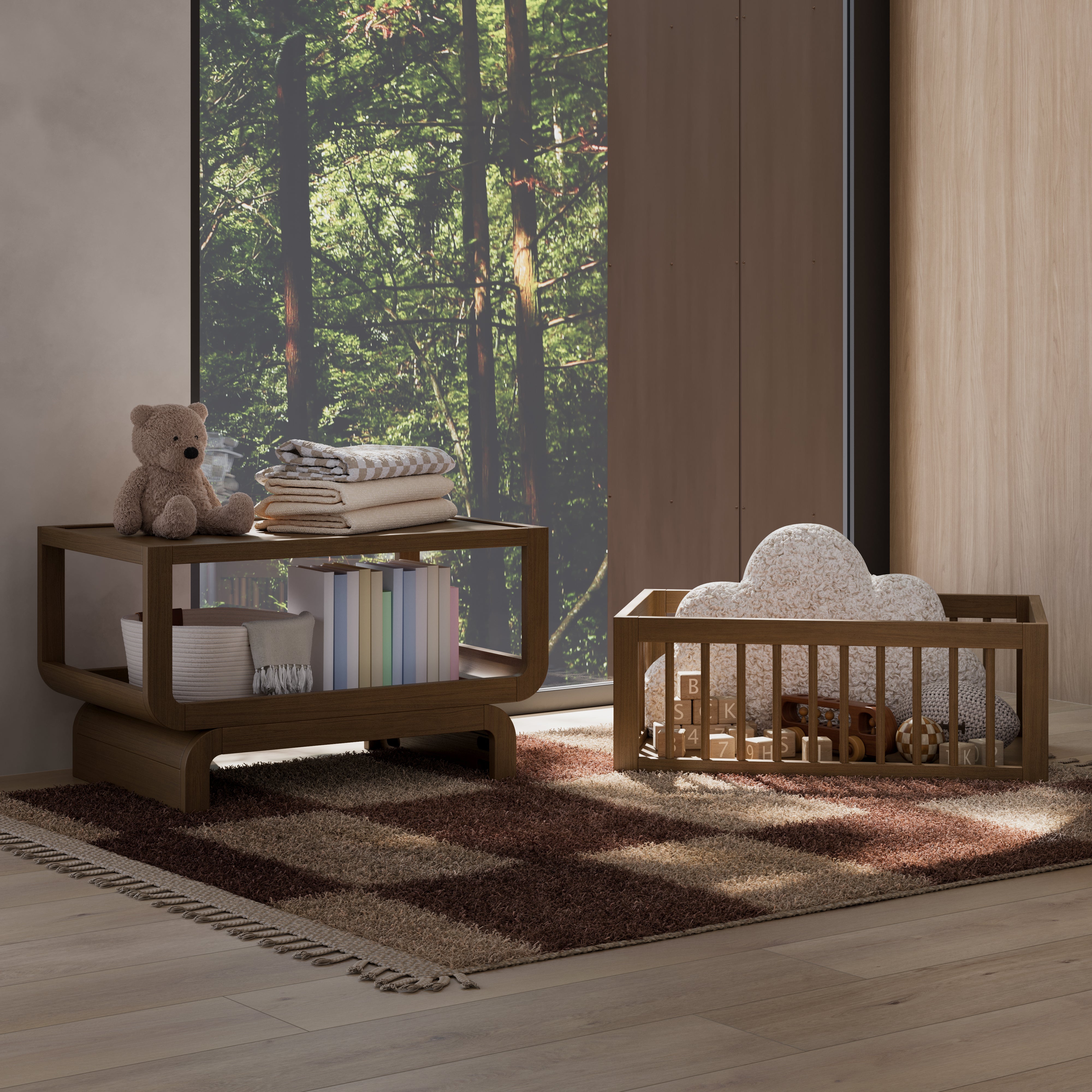 Santorini hazelnut bassinet converted to bookcase and toybox in nursery