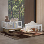 Santorini white with driftwood bassinet converted to bookcase and toybox in nursery