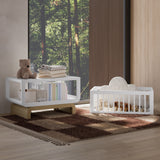 Santorini white with driftwood bassinet converted to bookcase and toybox in nursery
