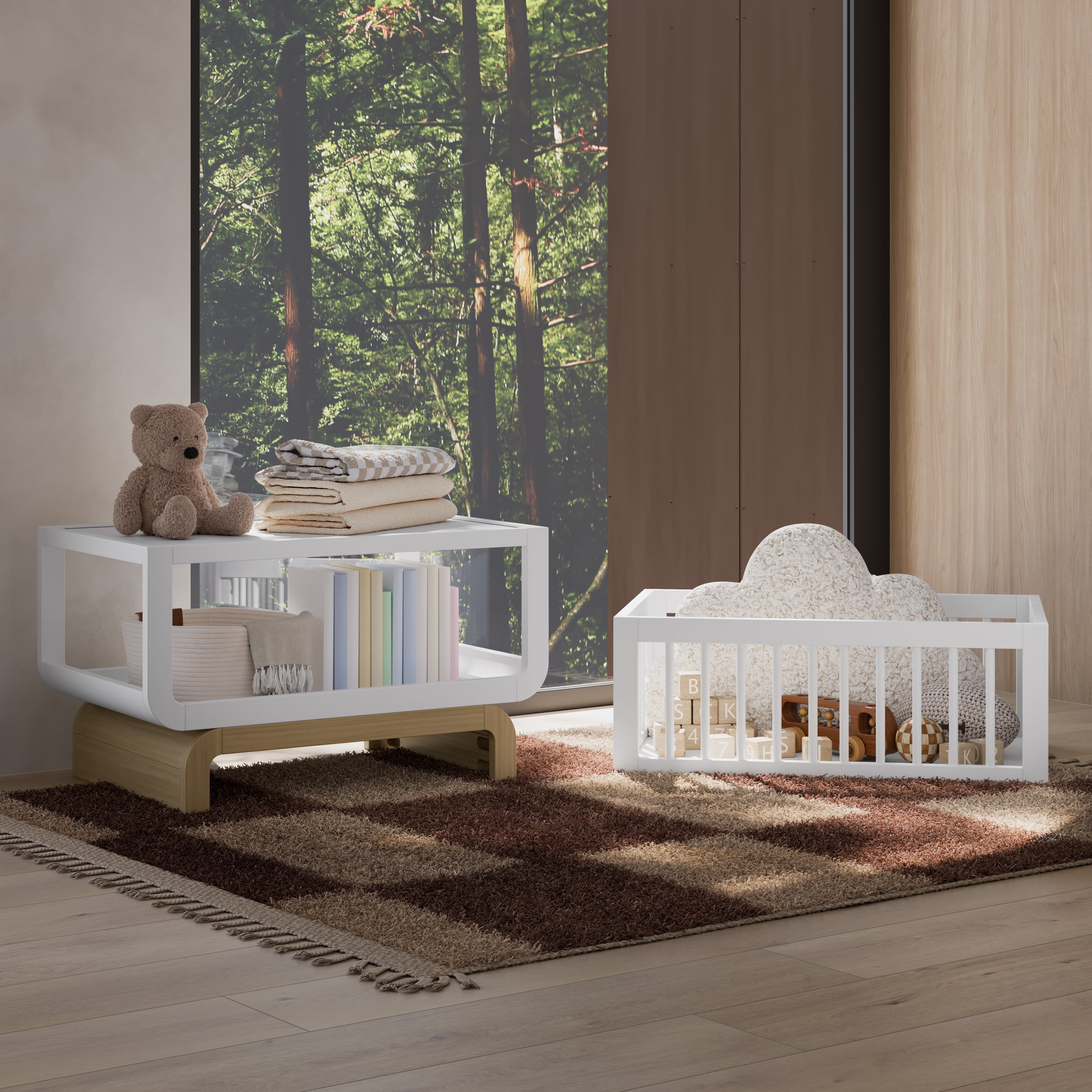 Santorini white with driftwood bassinet converted to bookcase and toybox in nursery