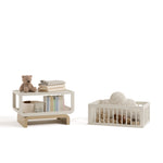 Santorini frosted oat with driftwood bassinet converted to bookcase and toybox with baby items inside