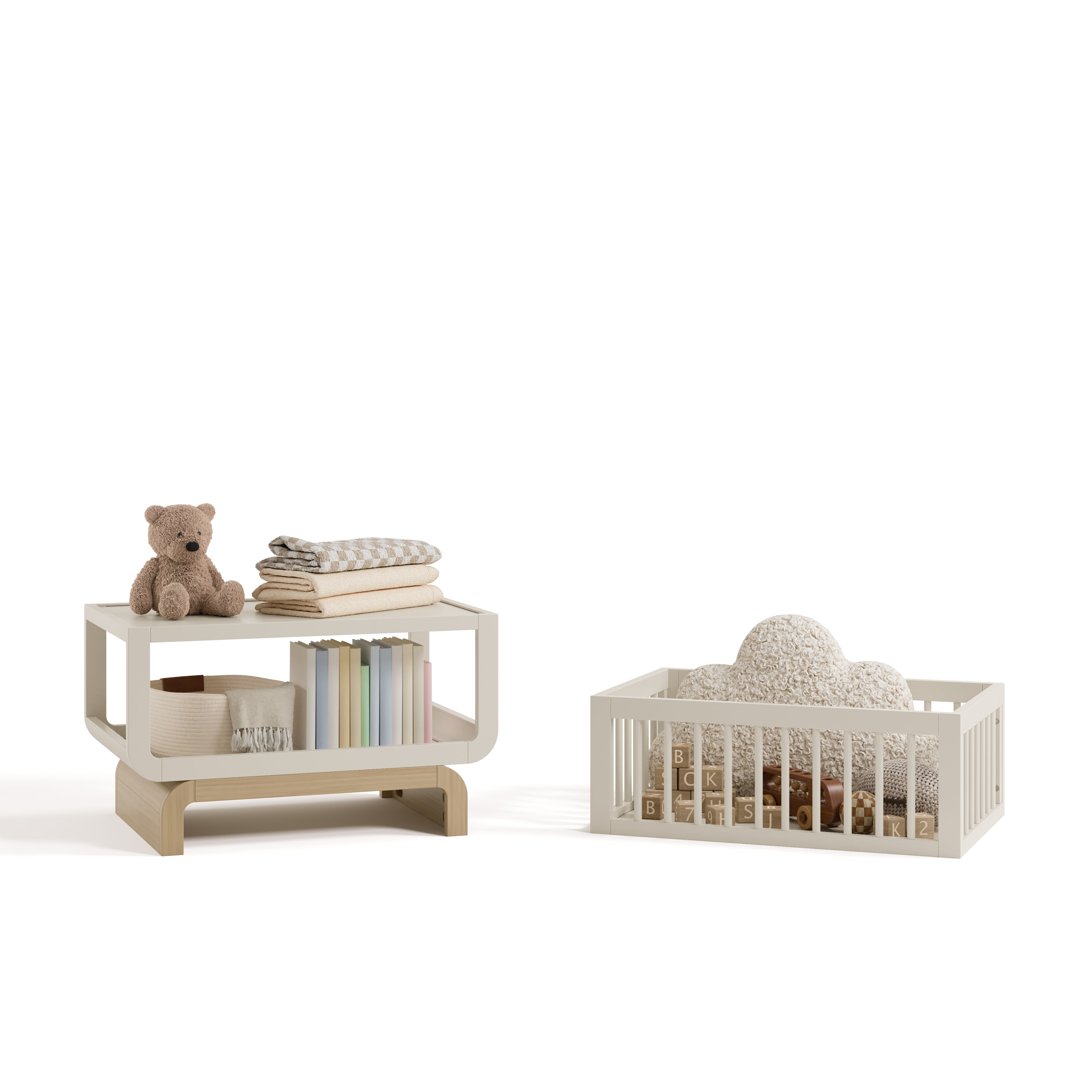 Santorini frosted oat with driftwood bassinet converted to bookcase and toybox with baby items inside