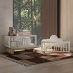 Santorini frosted oat with driftwood bassinet converted to bookcase and toybox in nursery